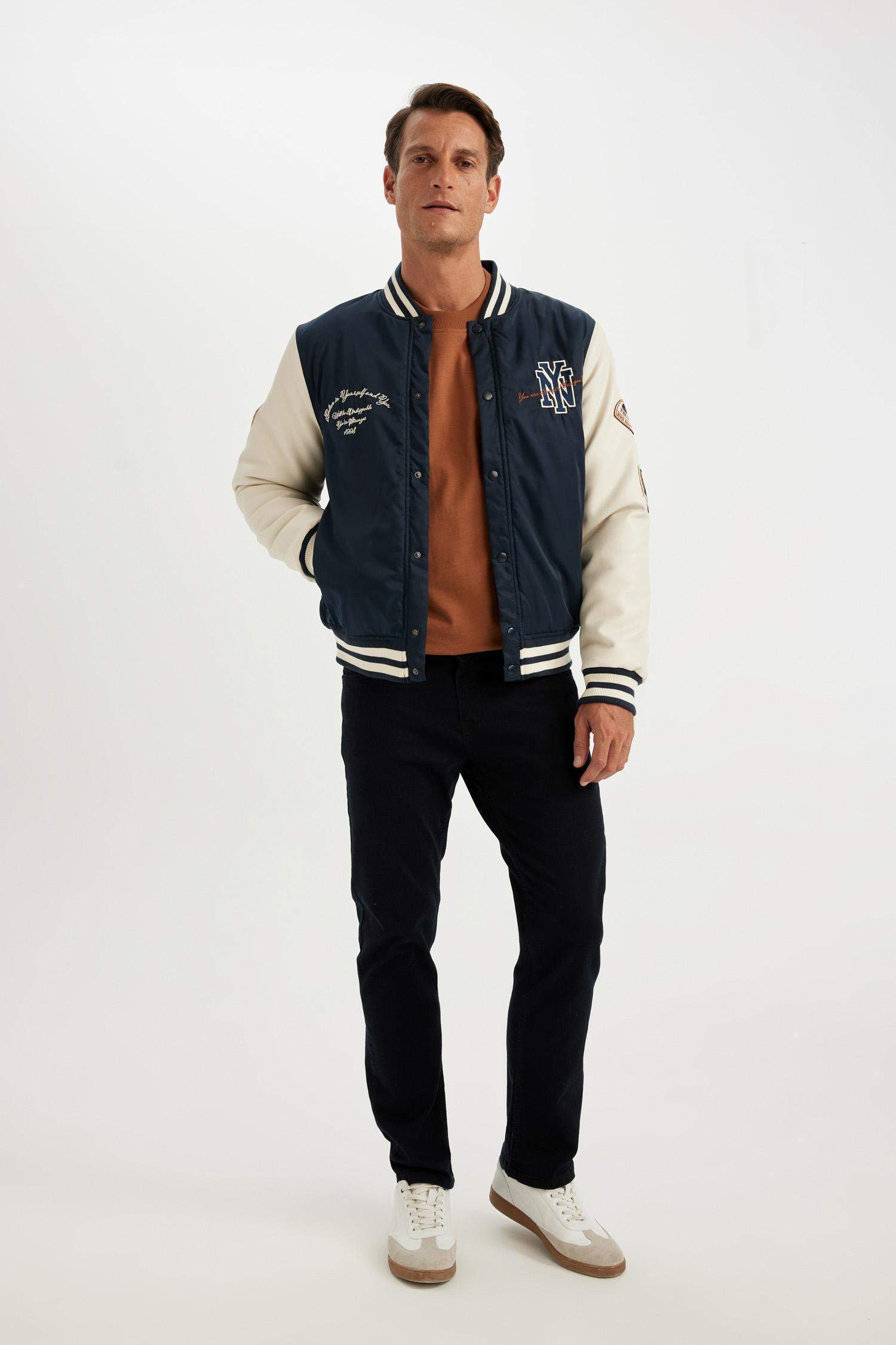 Su Geçirmez Bomber Mont Ceket Oversize Geniş Kalıp Kolej Yaka Çıtçıtlı Cepli Nakışlı Mevsimlik Hafif