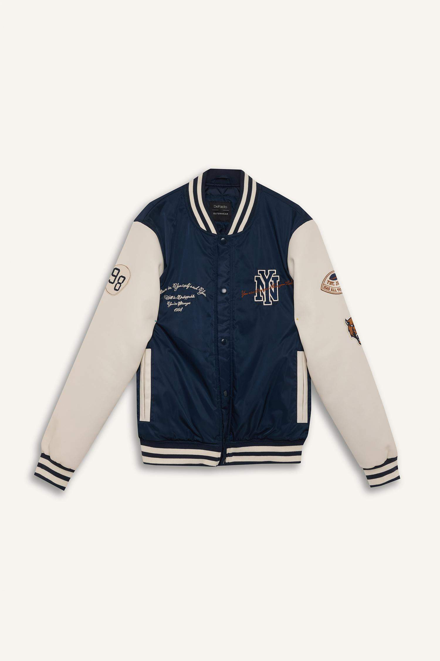 Su Geçirmez Bomber Mont Ceket Oversize Geniş Kalıp Kolej Yaka Çıtçıtlı Cepli Nakışlı Mevsimlik Hafif