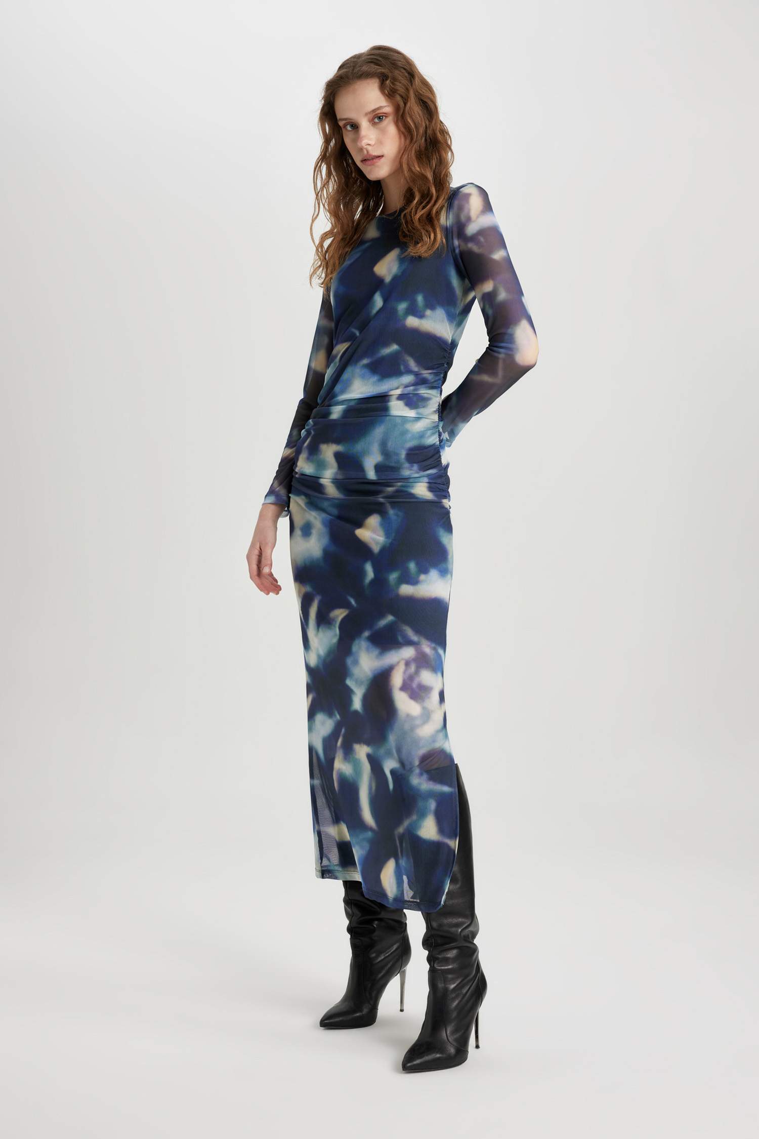 Bodycon Round Collar Batic Tulle Midi Dress