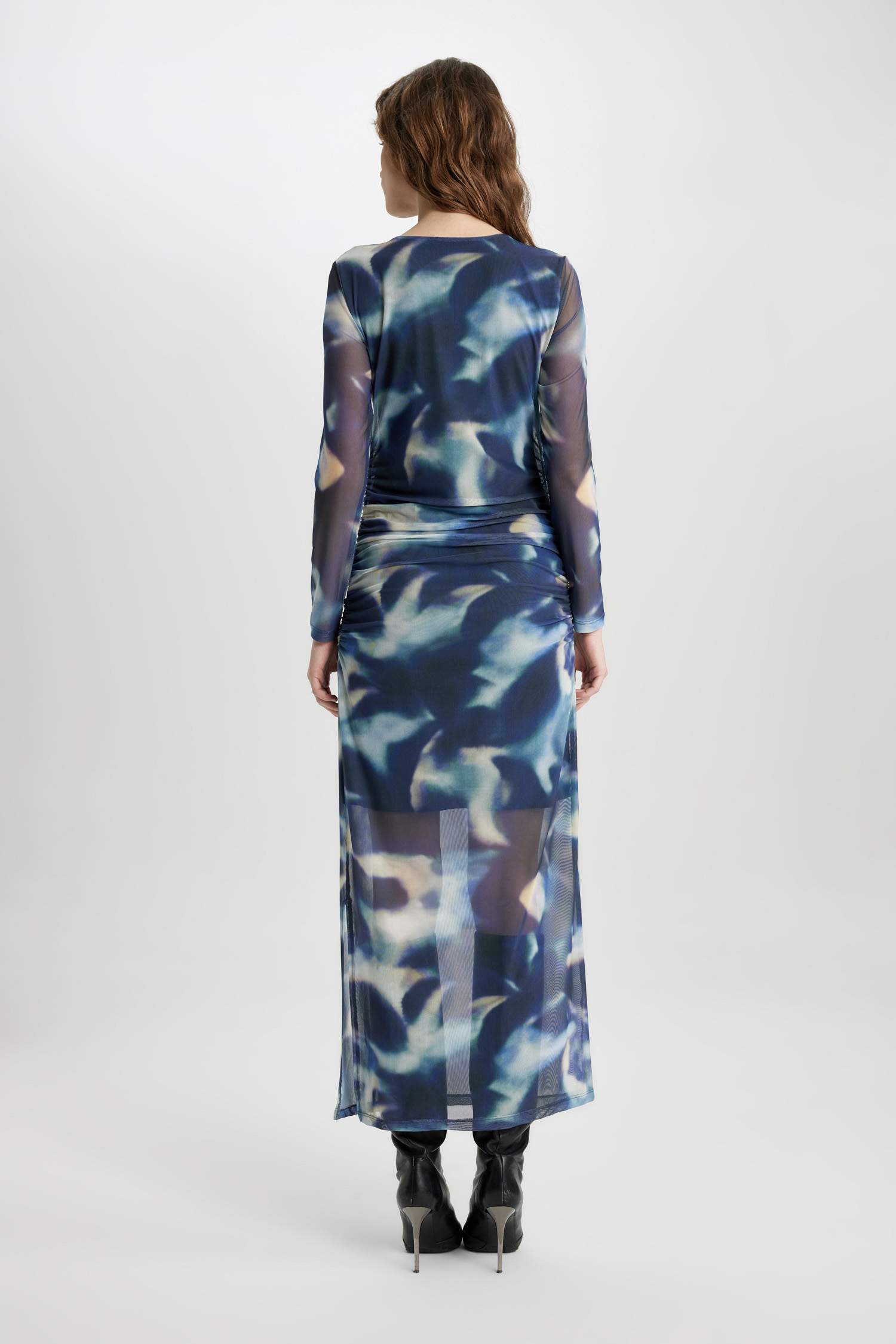 Bodycon Round Collar Batic Tulle Midi Dress