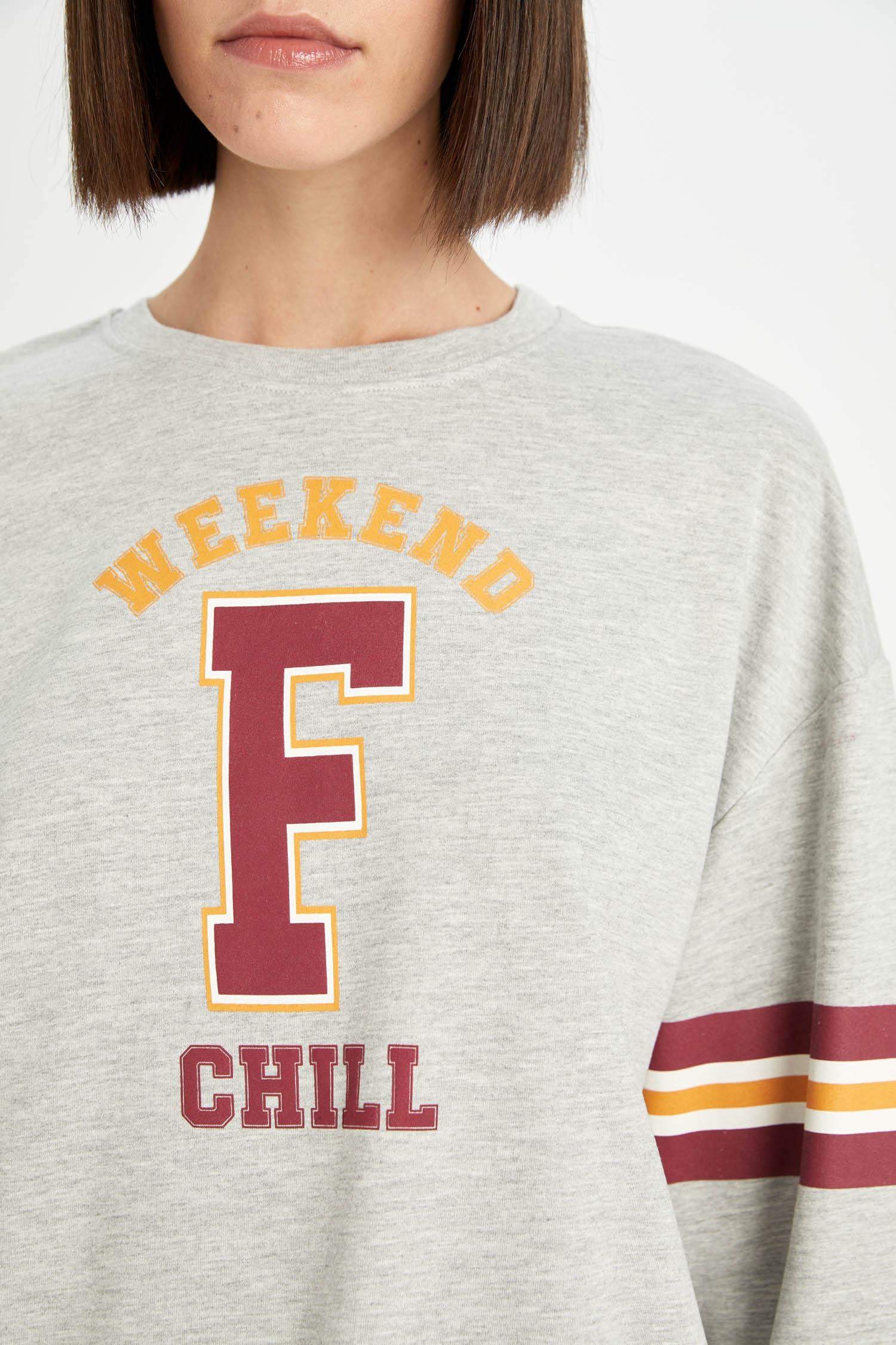 Pijama Takım Bisiklet Yaka Baskılı Uzun Kollu Sweatshirt Uzun Alt-Fall in Love