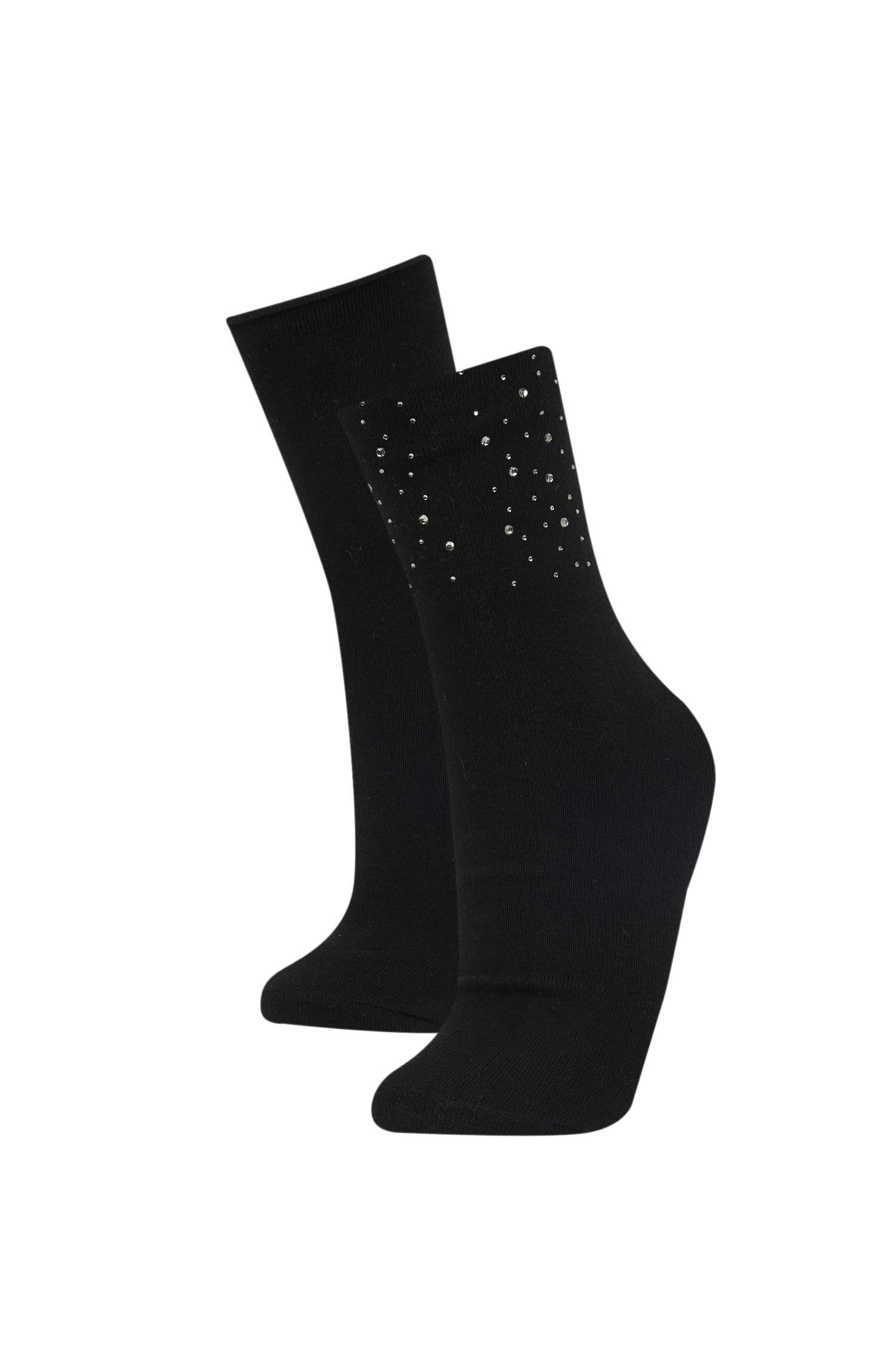 Kadın Taş Baskılı Aplike 2'li Pamuklu Uzun Çorap