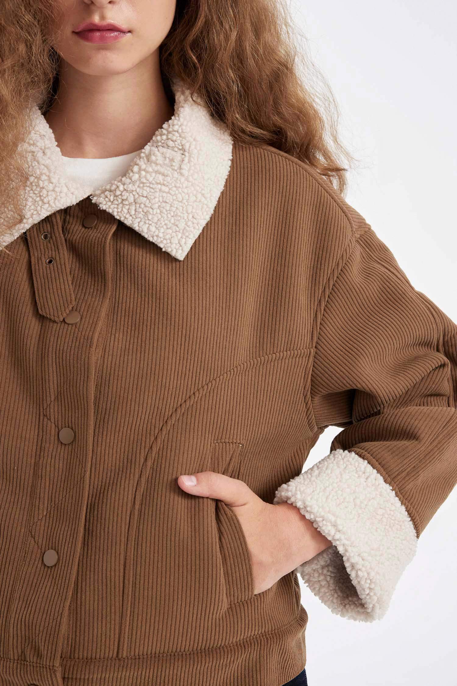 Regular Kalıp Kadife Mont Polo Yaka Çıtçıtlı İçi Suni Kürklü Ceket