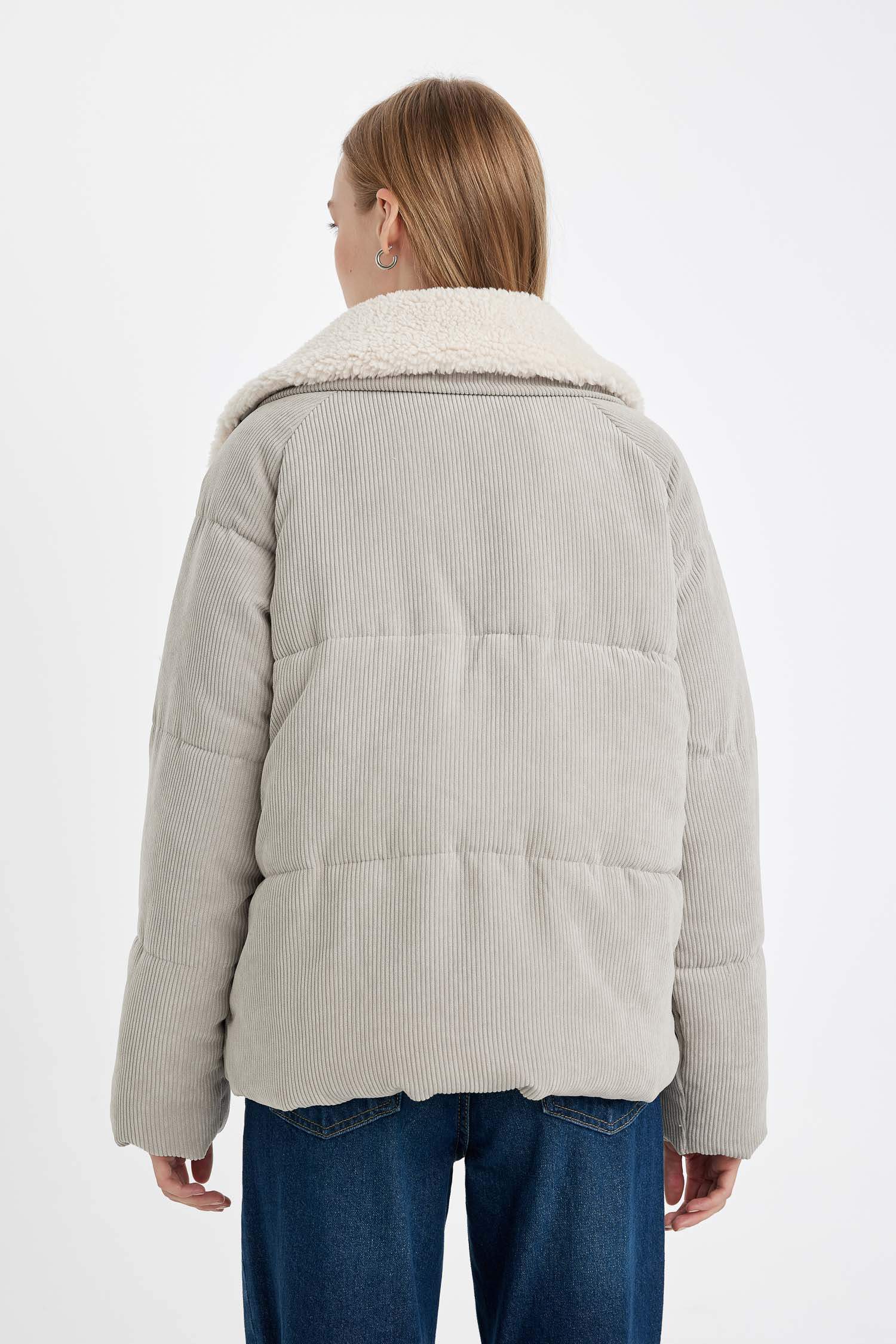 Kadife Mont Suni Kürklü Yaka Fermuar Çıtçıtlı Cepli Regular Kalıp