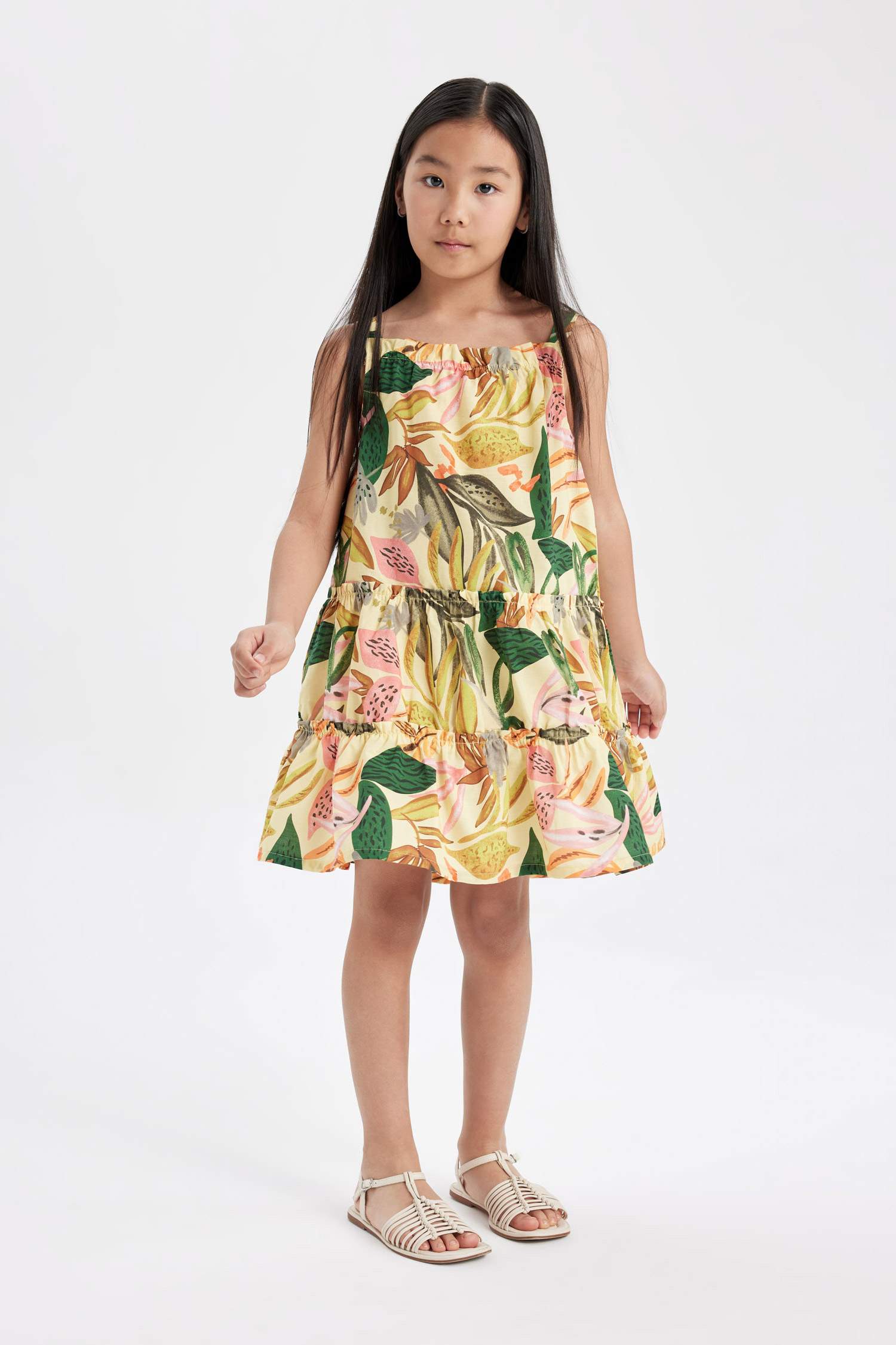 Kız Çocuk Poplin Askılı Desenli Yazlık Elbise