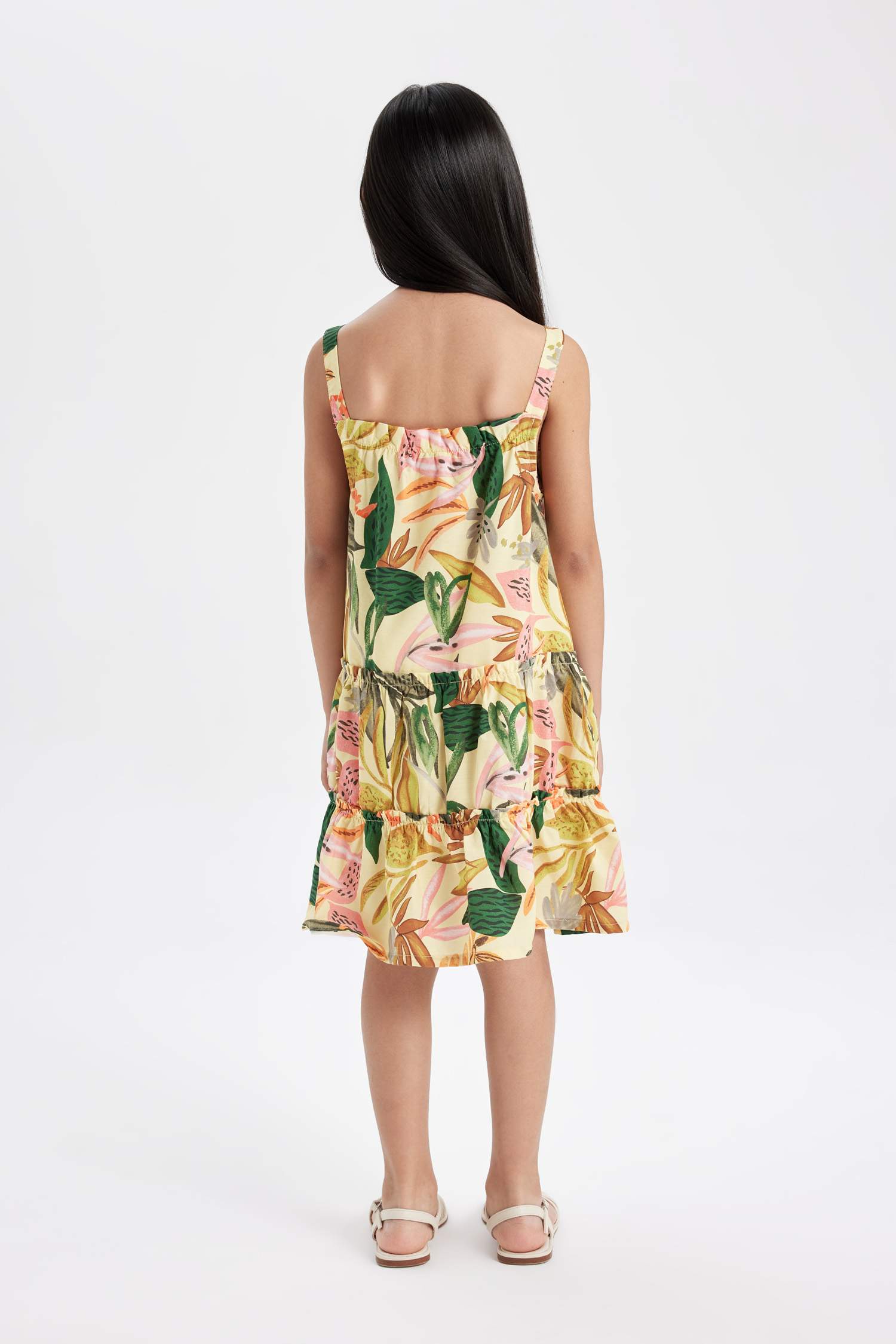 Kız Çocuk Poplin Askılı Desenli Yazlık Elbise