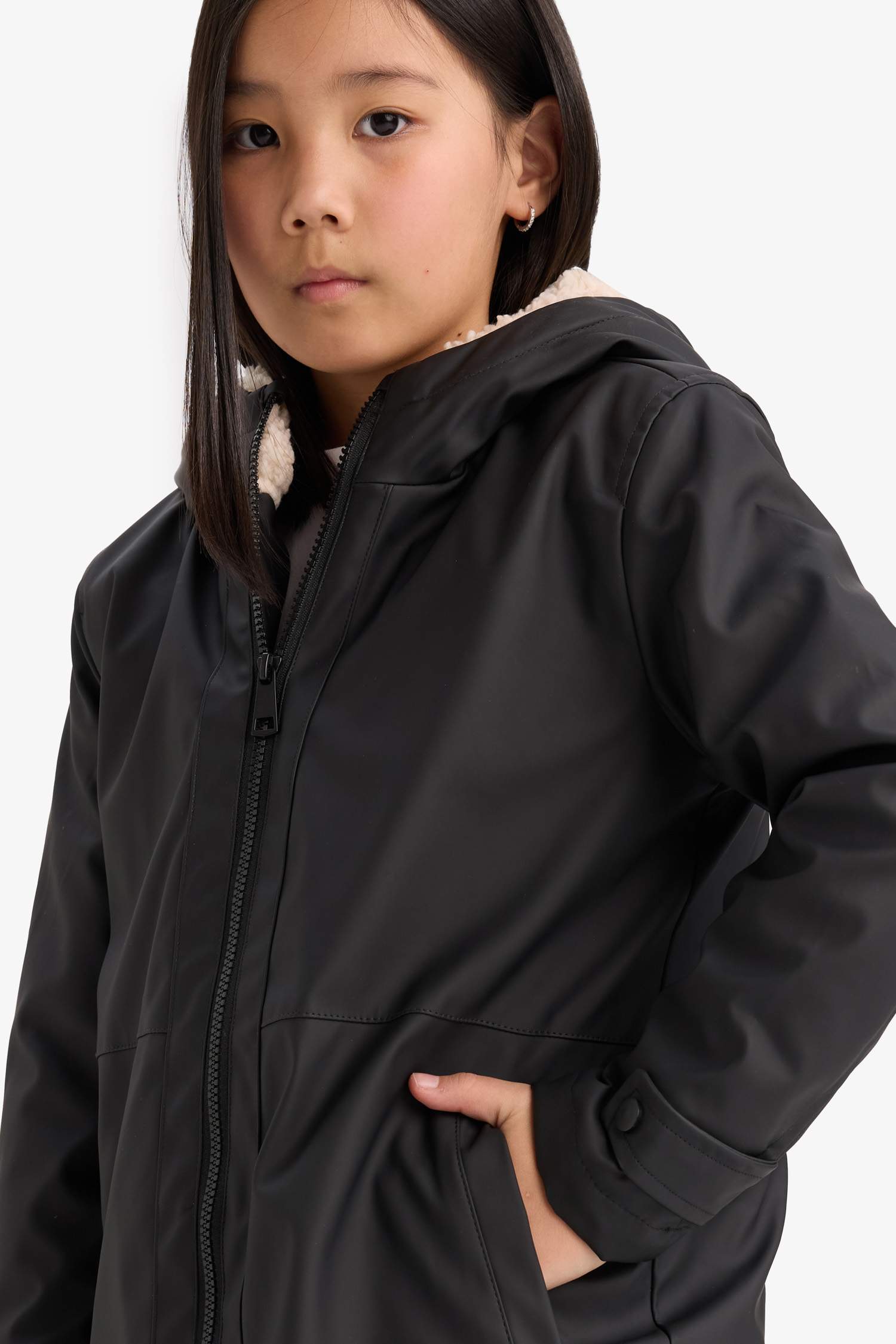 Kız Çocuk Su Geçirmez Kapüşonlu Fermuarlı Yağmurluk