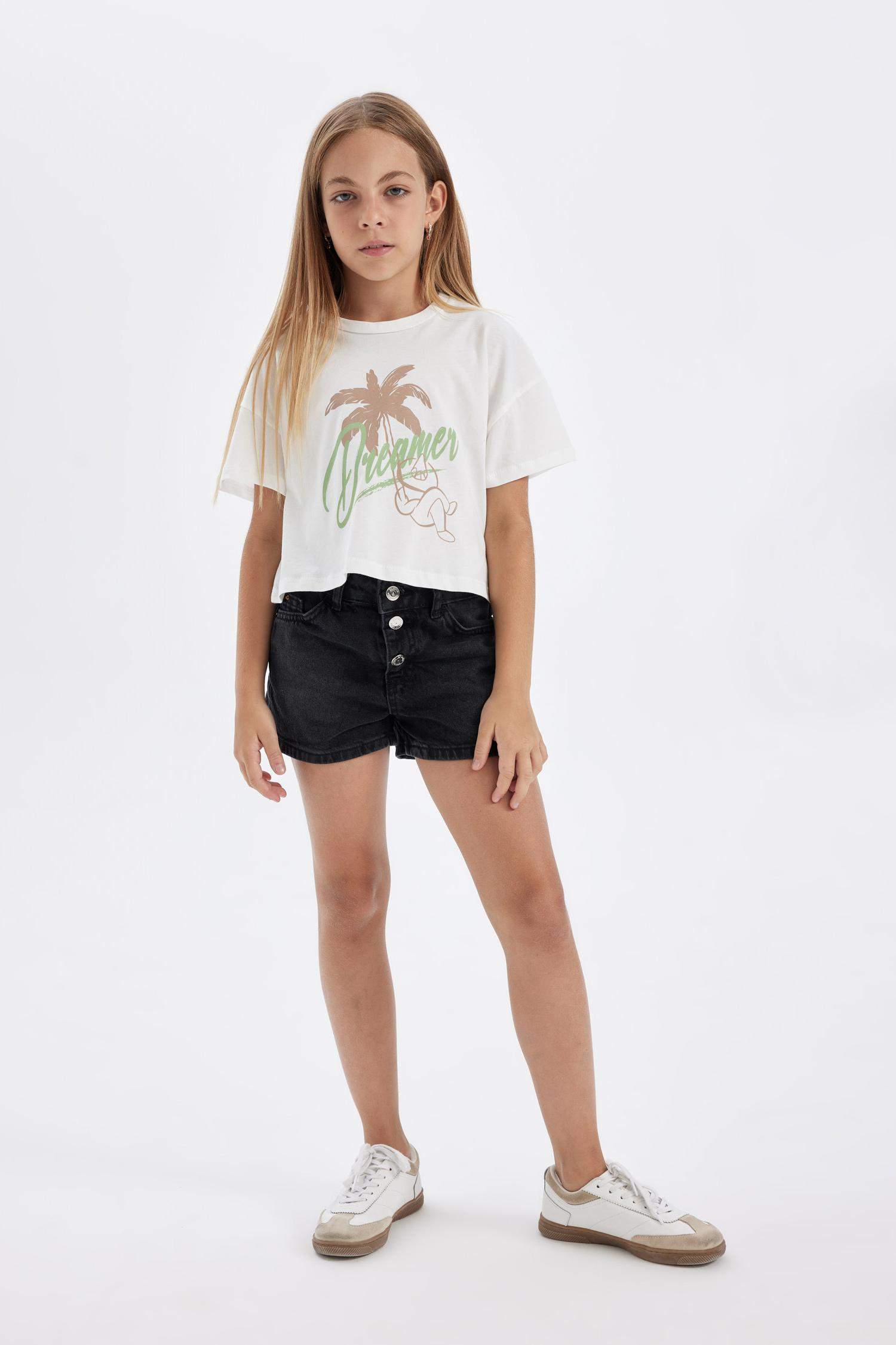 Kız Çocuk Crop Bisiklet Yaka Baskılı 2'li Kısa Kollu Tişört