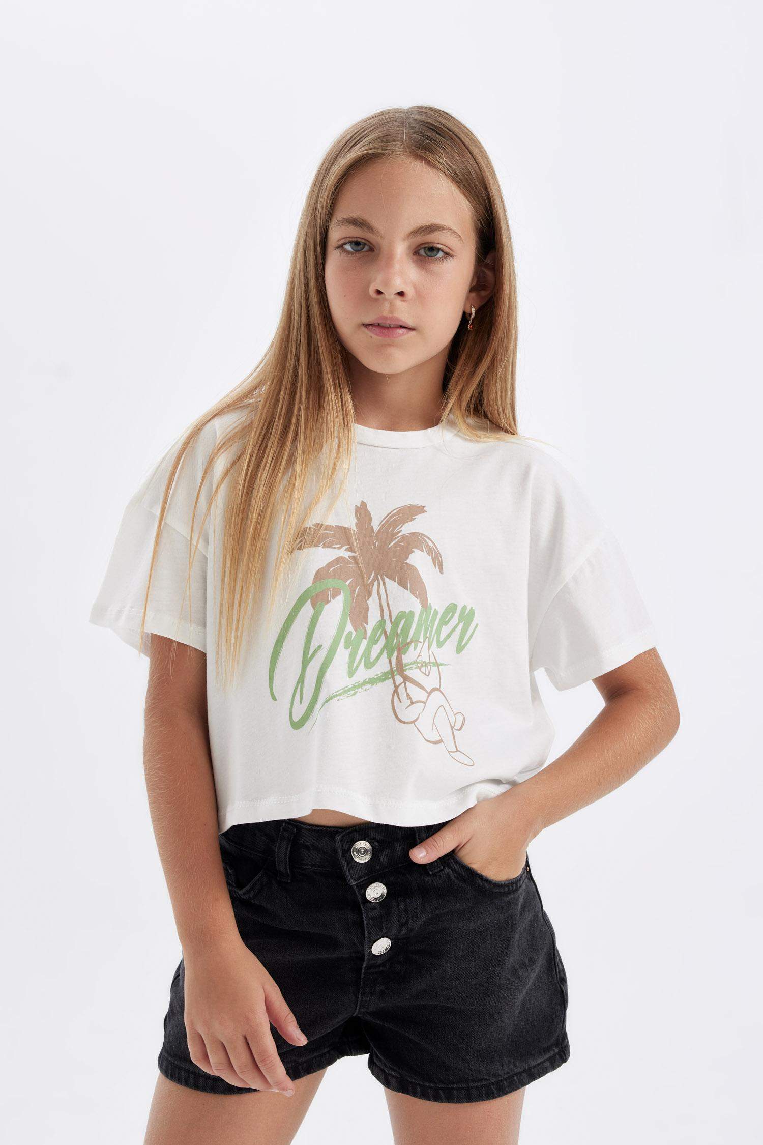 Kız Çocuk Crop Bisiklet Yaka Baskılı 2'li Kısa Kollu Tişört