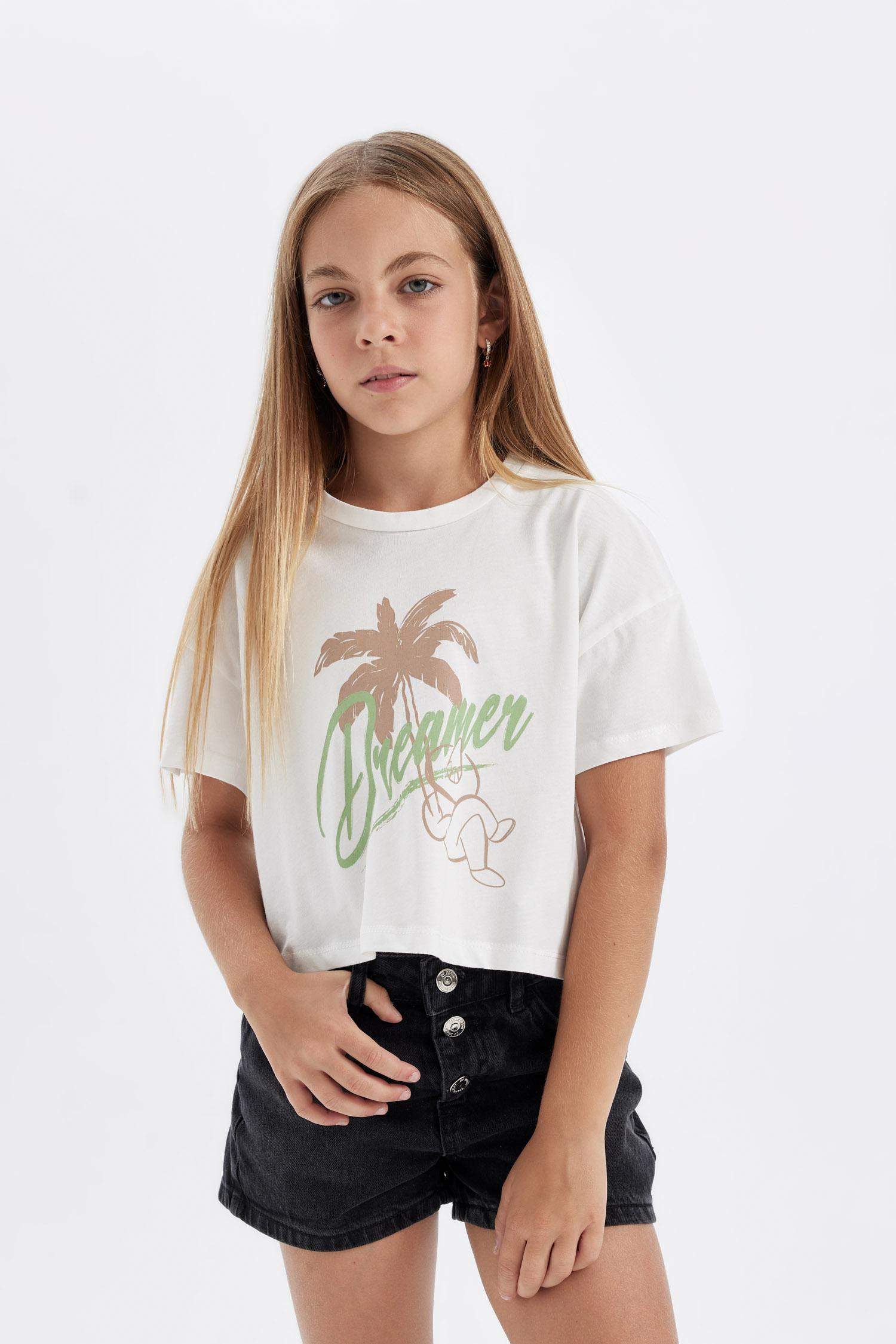 Kız Çocuk Crop Bisiklet Yaka Baskılı 2'li Kısa Kollu Tişört