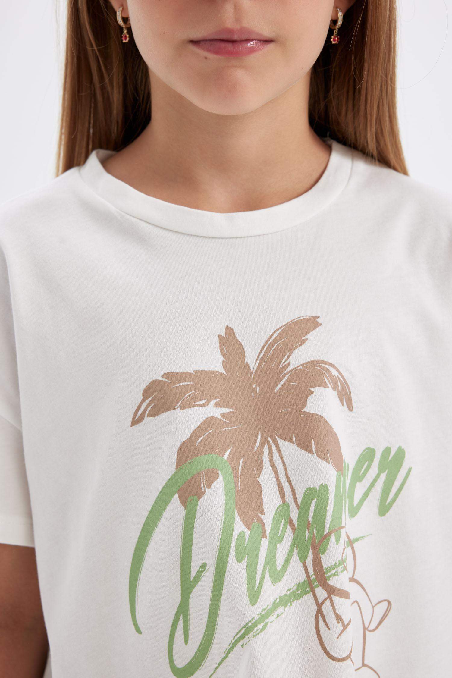 Kız Çocuk Crop Bisiklet Yaka Baskılı 2'li Kısa Kollu Tişört