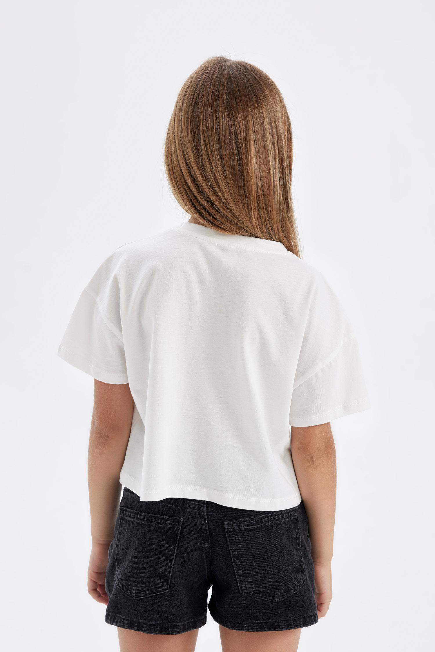 Kız Çocuk Crop Bisiklet Yaka Baskılı 2'li Kısa Kollu Tişört