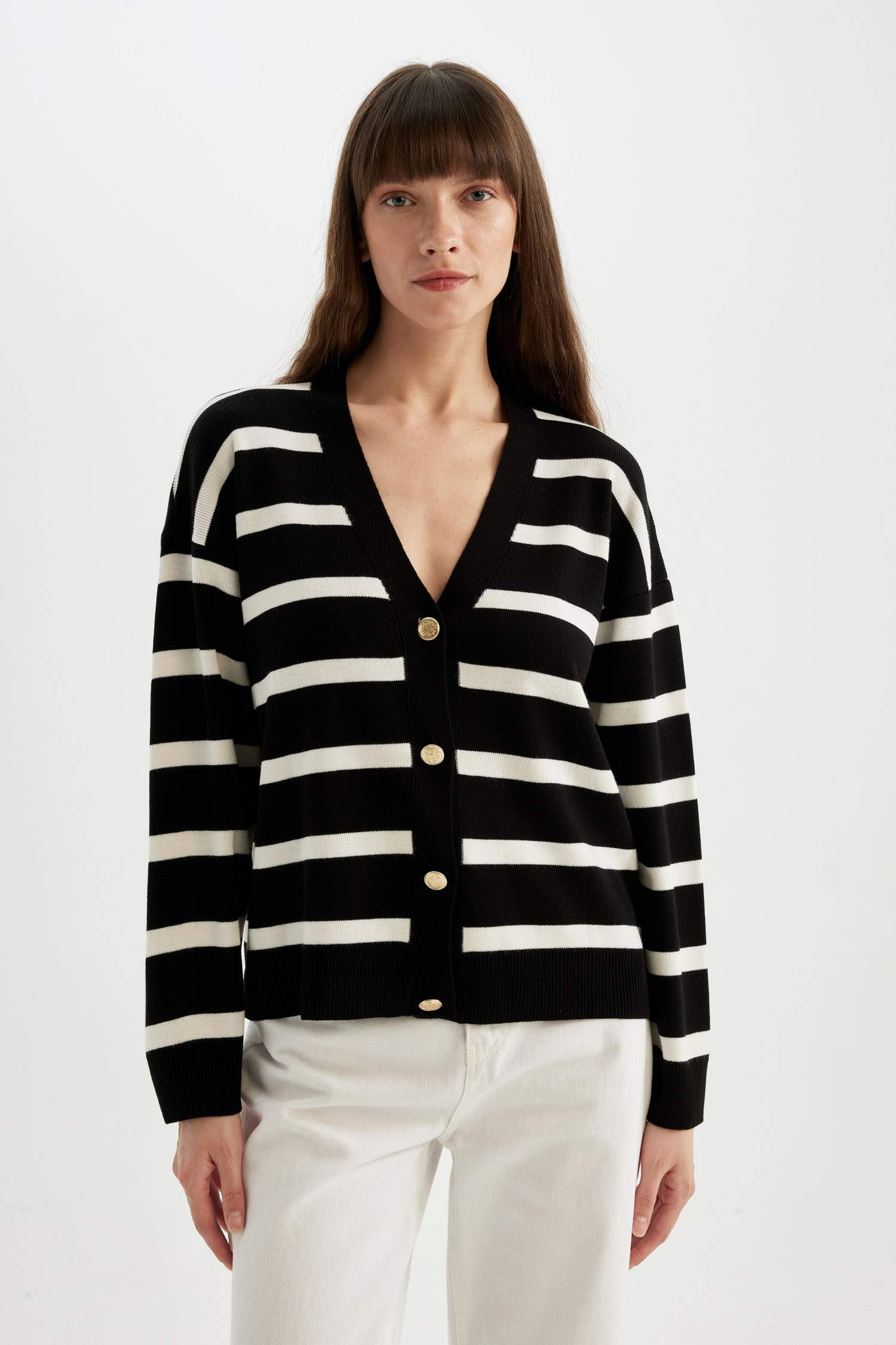 Relax Fit Çizgili V Yaka Düğmeli Triko Hırka