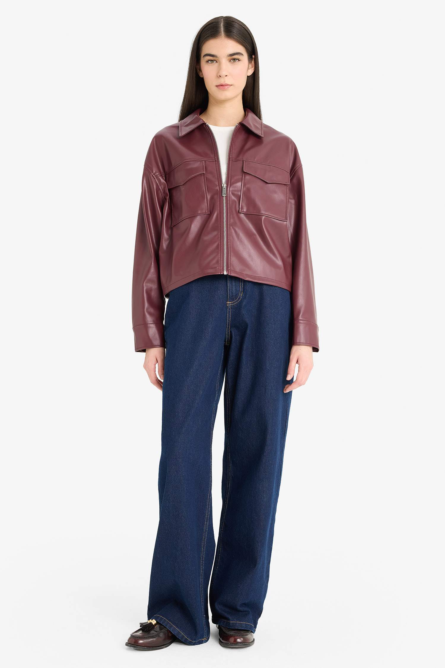 قميص ردن طويل جلد صناعي قصة عادية