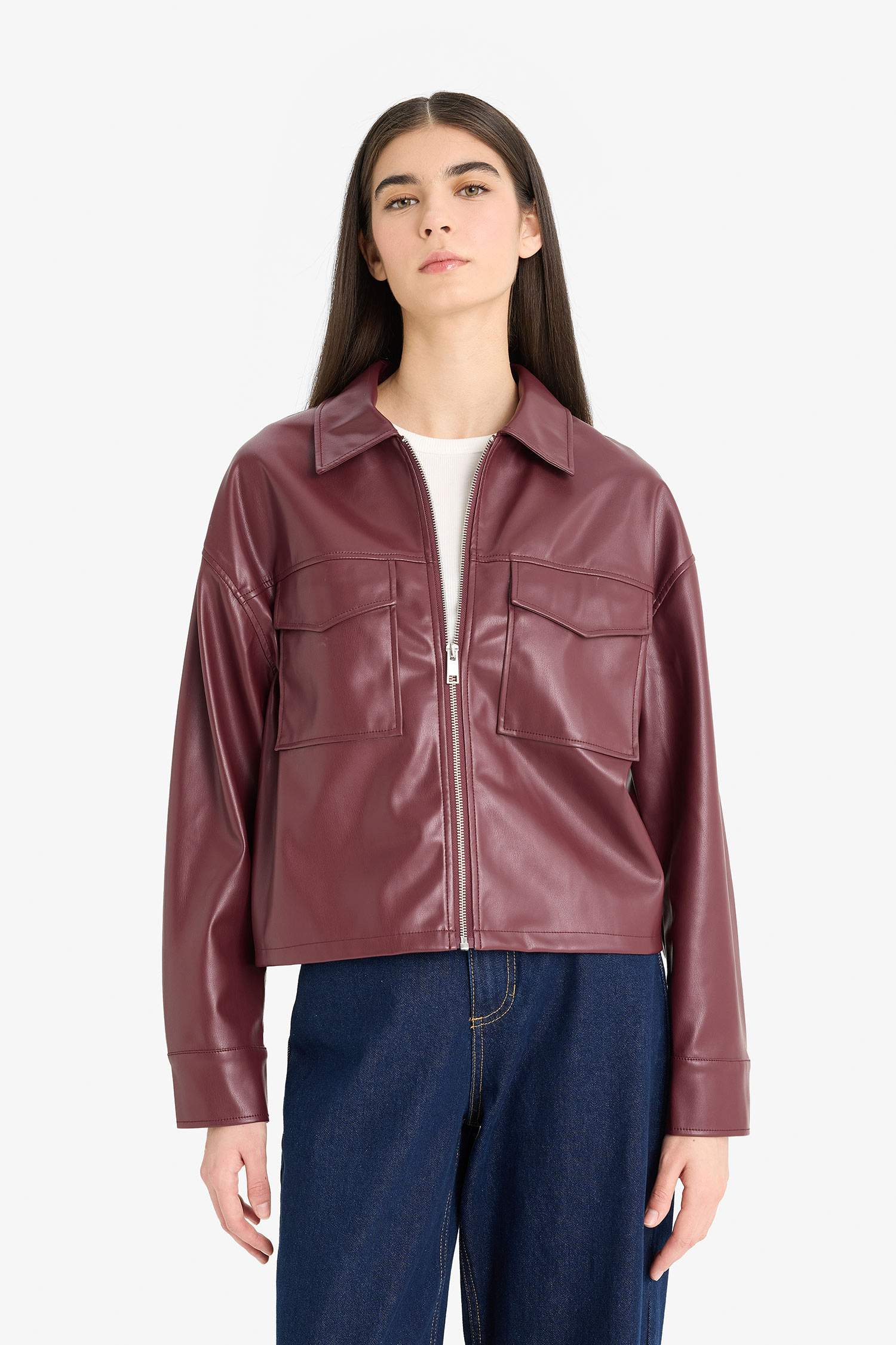 قميص ردن طويل جلد صناعي قصة عادية