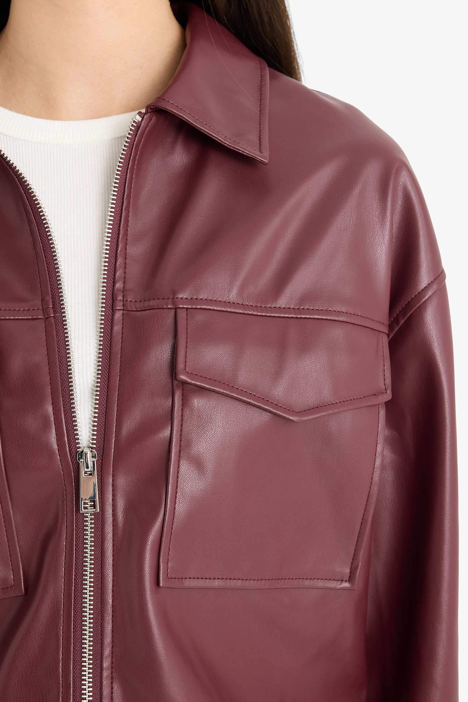 قميص ردن طويل جلد صناعي قصة عادية