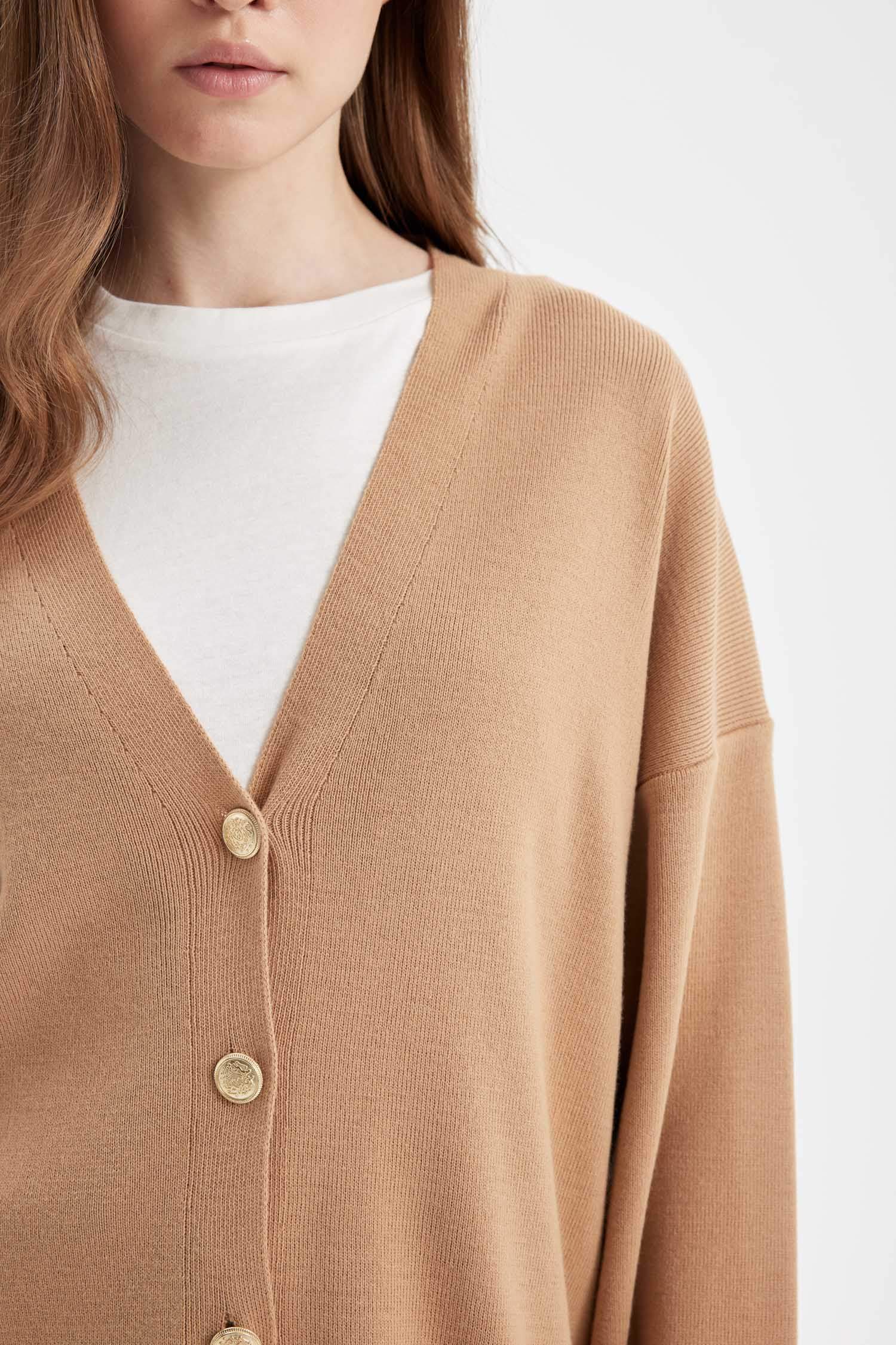 Relax Fit V Yaka Basic Düz Düğmeli Triko Hırka