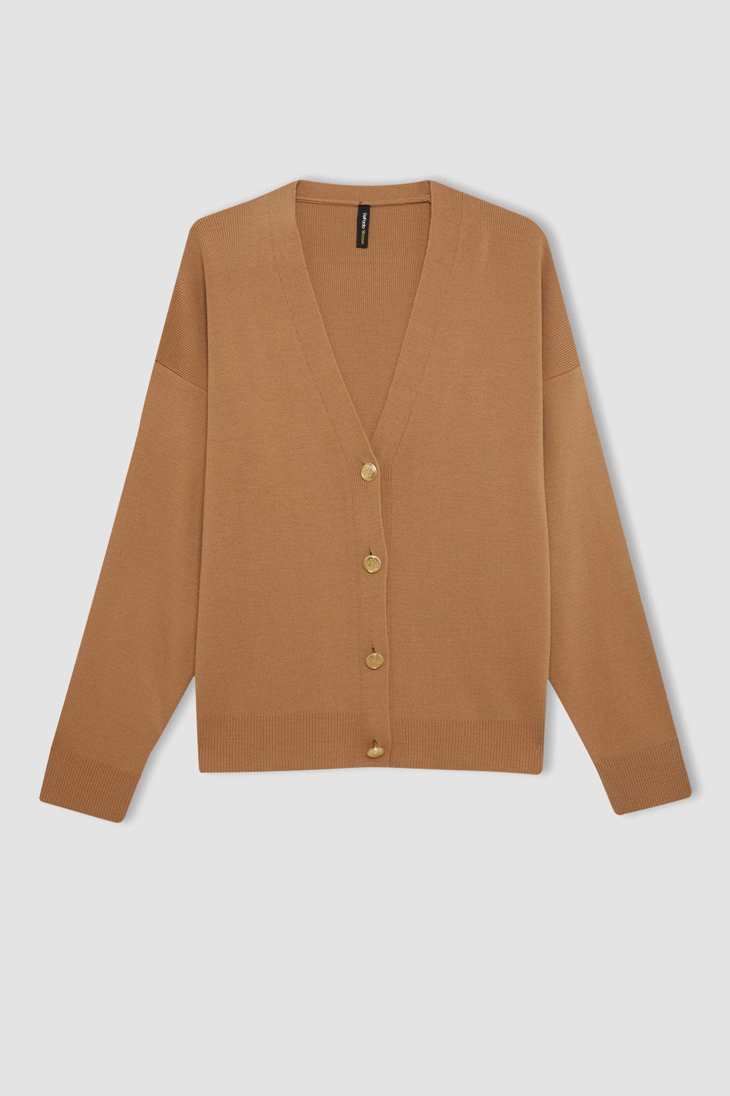 Relax Fit V Yaka Basic Düz Düğmeli Triko Hırka