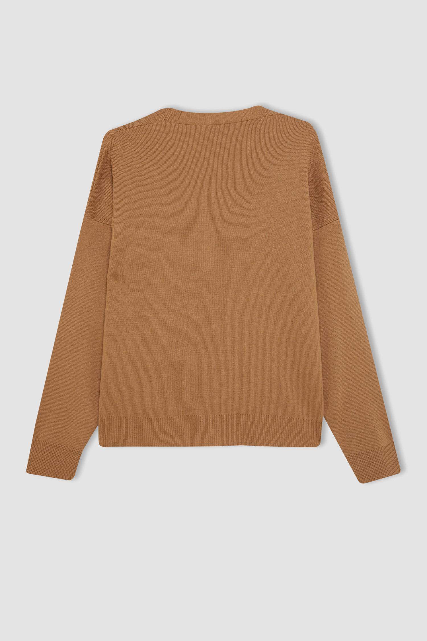 Relax Fit V Yaka Basic Düz Düğmeli Triko Hırka