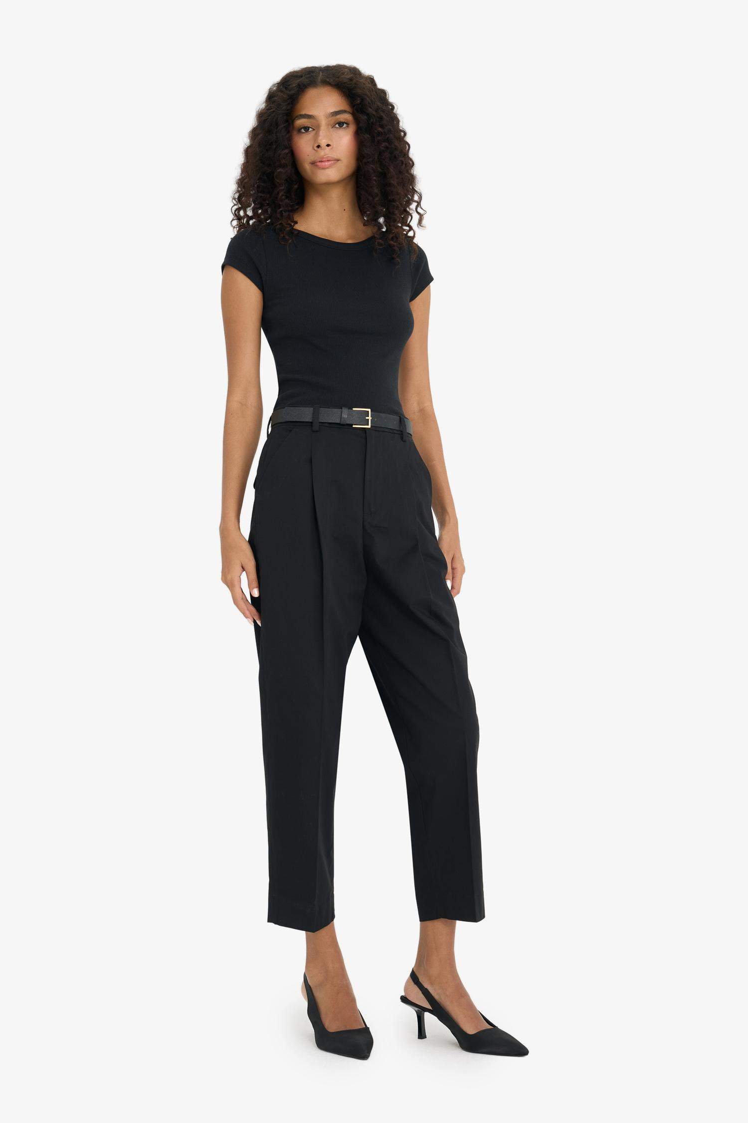 Carrot Fit High Waist Belted Crop Trousers