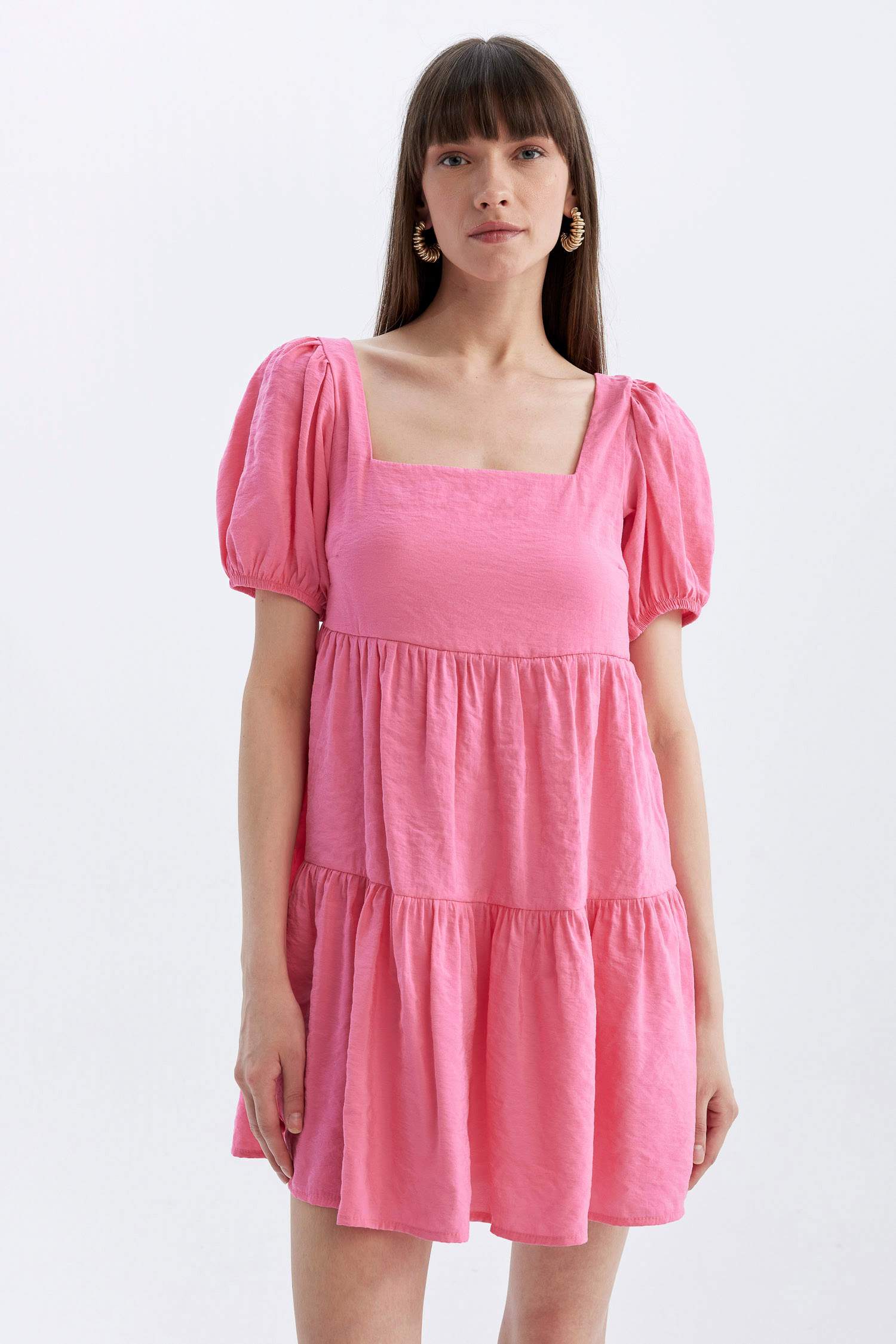 Babydoll Square Neck Short Sleeve Midi Dress