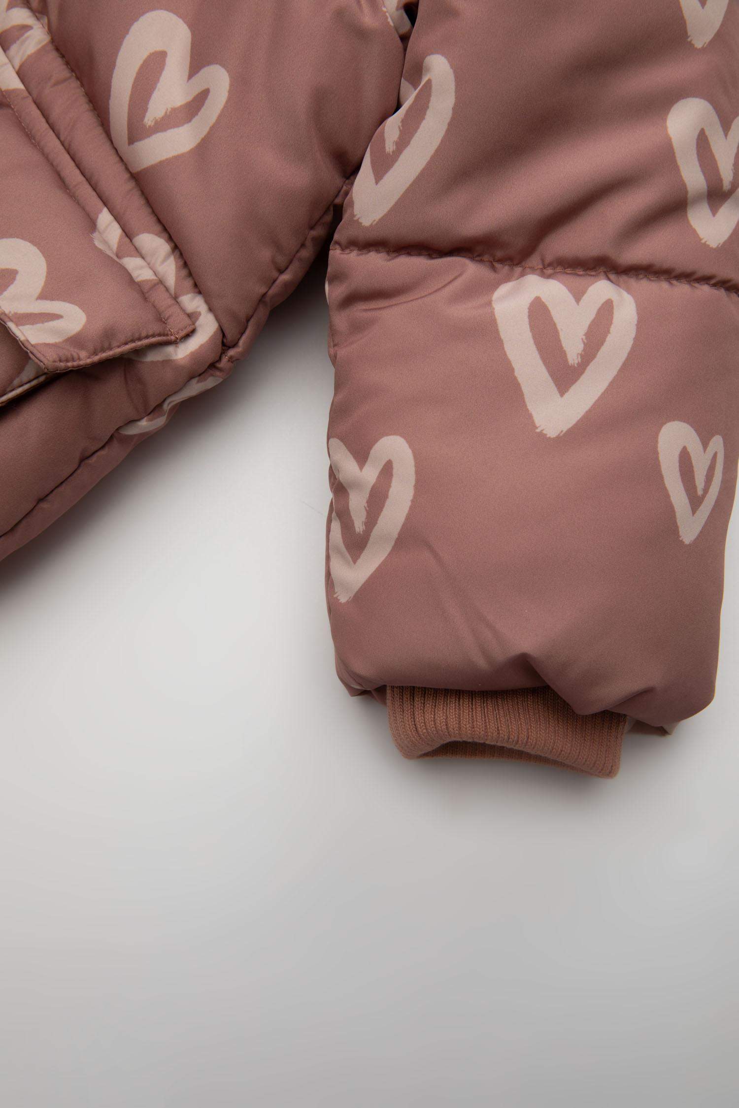 Kız Bebek Kapüşonlu Kalp Desenli Su Geçirmez Cep İçi Polarlı Şişme Mont
