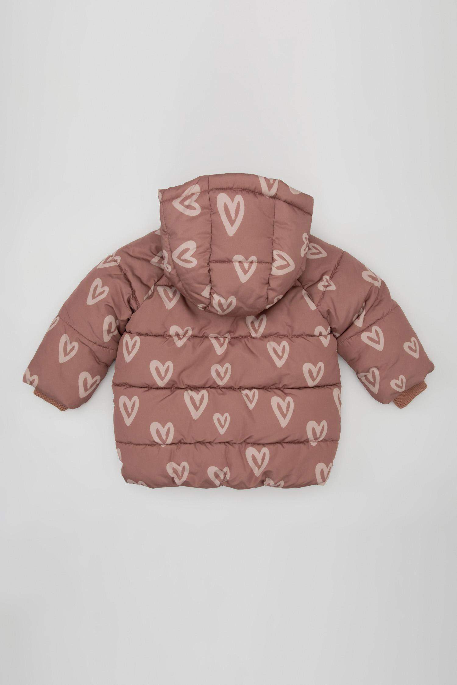Kız Bebek Kapüşonlu Kalp Desenli Su Geçirmez Cep İçi Polarlı Şişme Mont