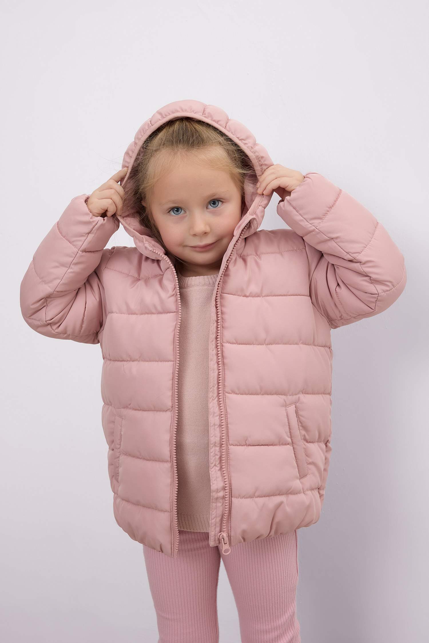 Kız Bebek Su itici Beli Lastikli Kapüşonlu Fermuarlı Şişme Mont