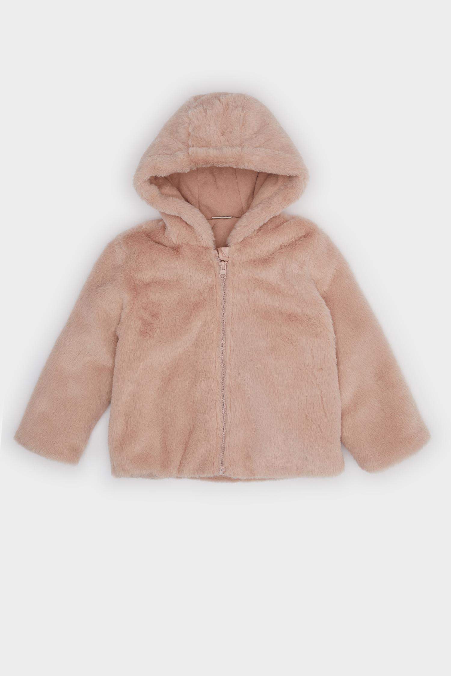Kız Bebek Kapüşonlu Fermuarlı Pelüş Mont