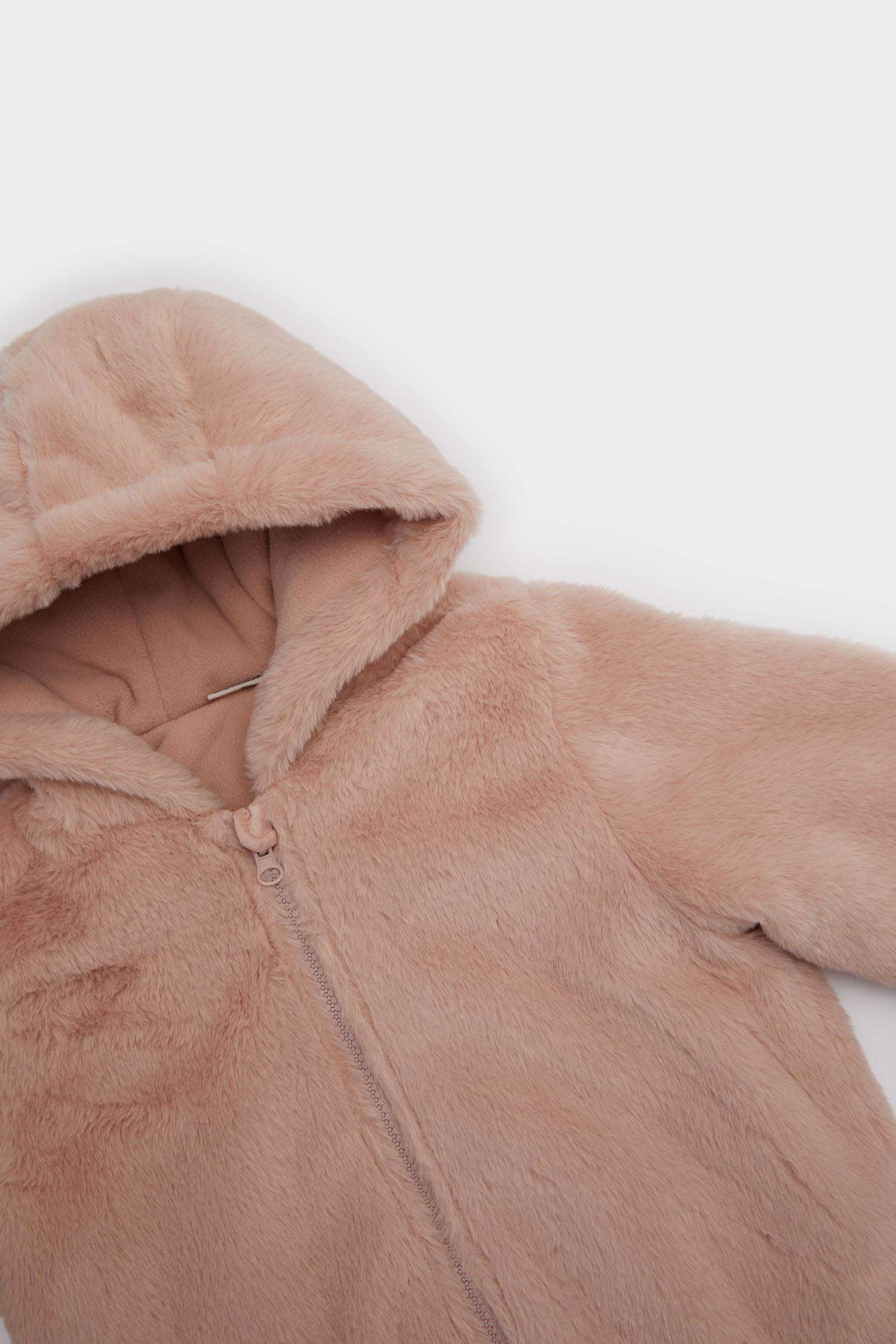 Kız Bebek Kapüşonlu Fermuarlı Pelüş Mont