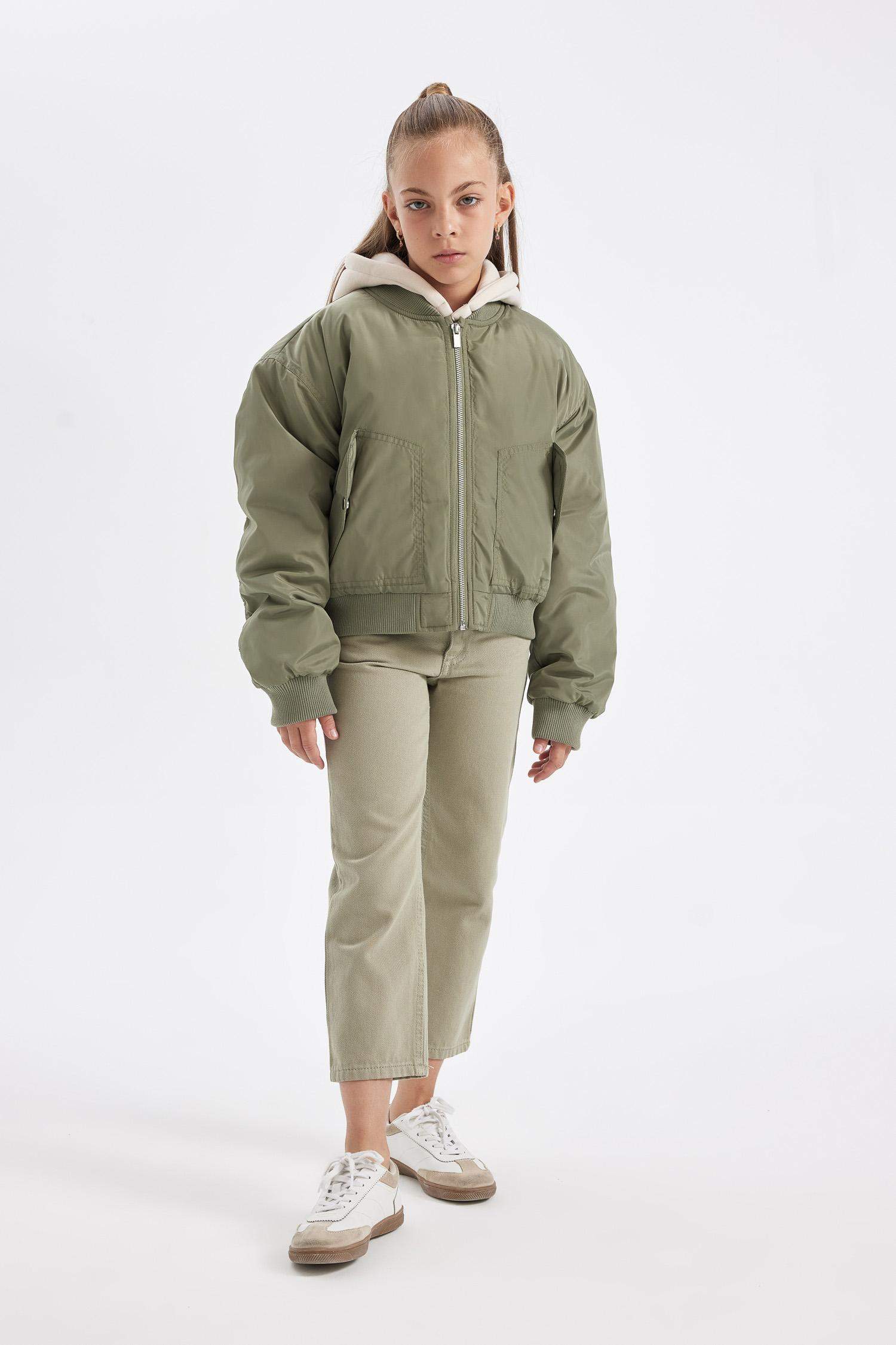 Kız Çocuk Çıkarılabilir Kapüşonlu Ribana Kollu Çıtçıtlı Cepli Bomber Mont