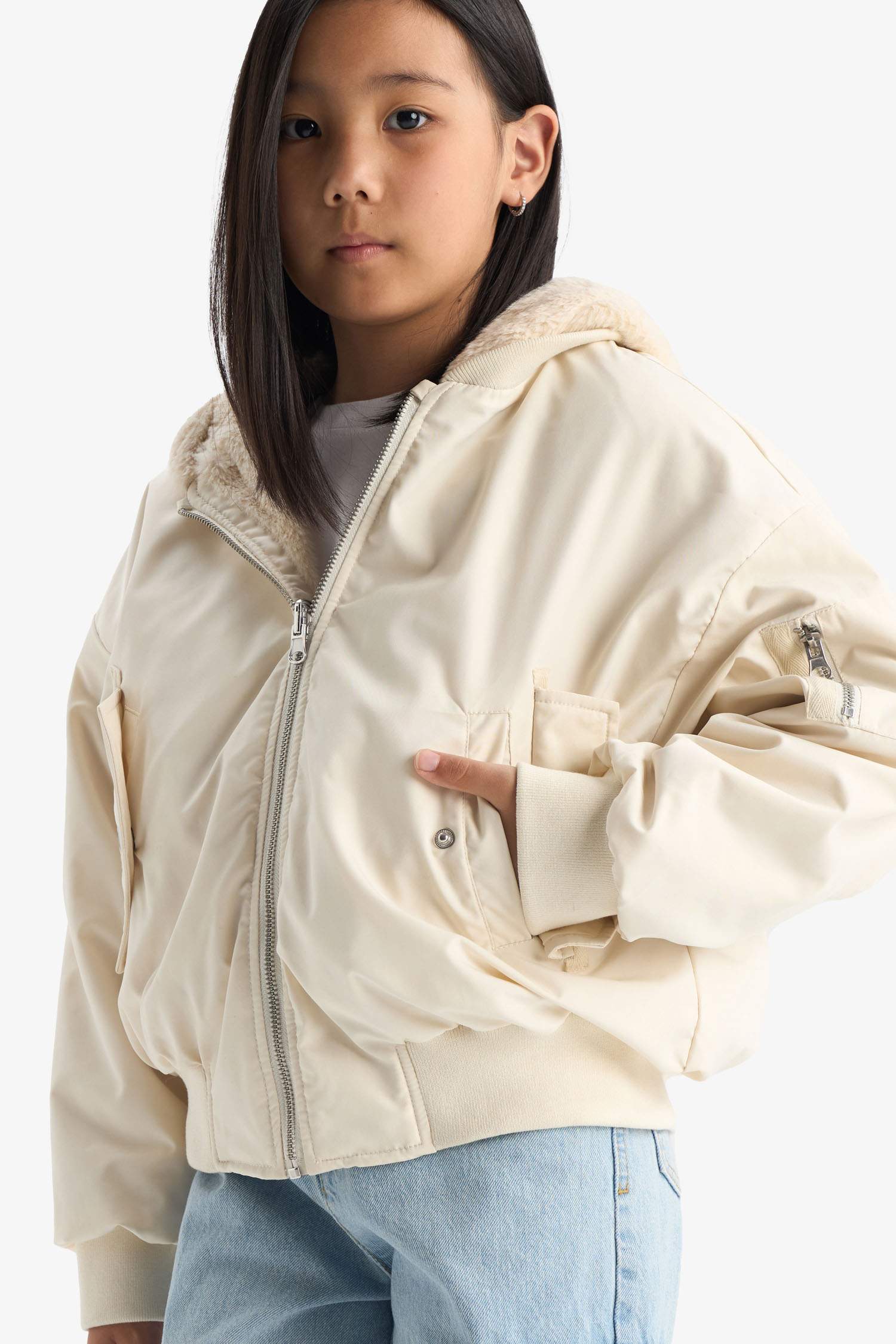 Kız Çocuk Çift Taraflı Kapüşonlu Mont