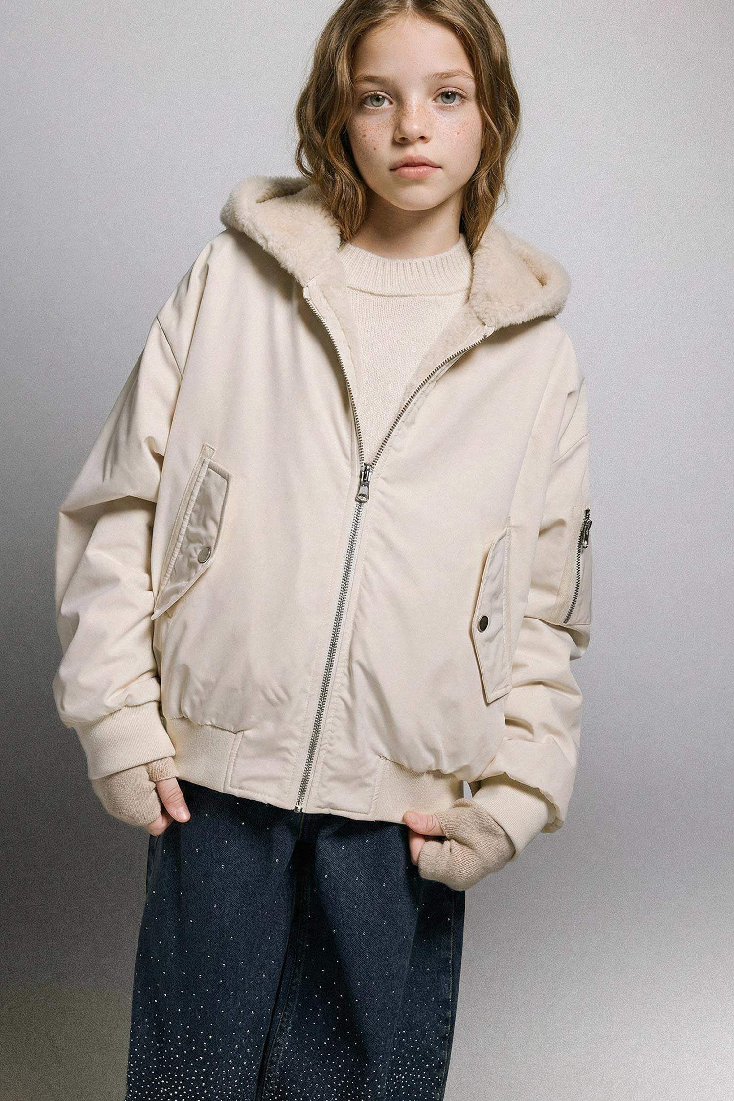 جاكيت بناتي ذو وجهين بغطاء للرأس