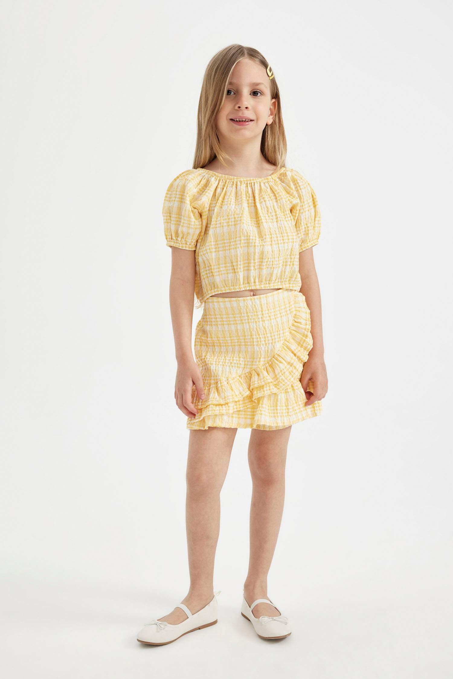 Kız Çocuk 2'li Takım Krinkıl Kısa Kollu Bluz Şort Etek