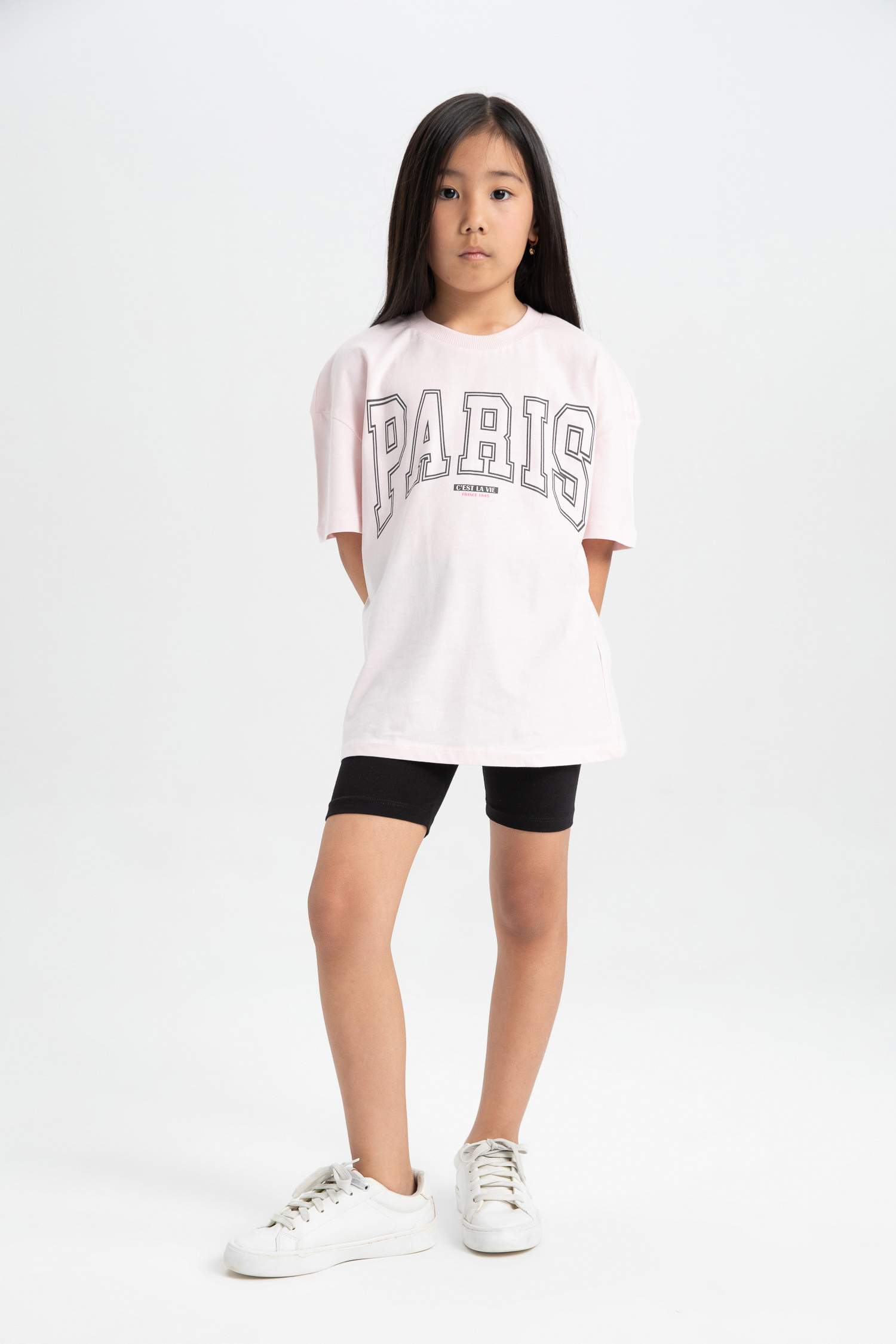 Kız Çocuk 2'li Takım Bisiklet Yaka Baskılı Kısa Kollu Tişört Tayt 