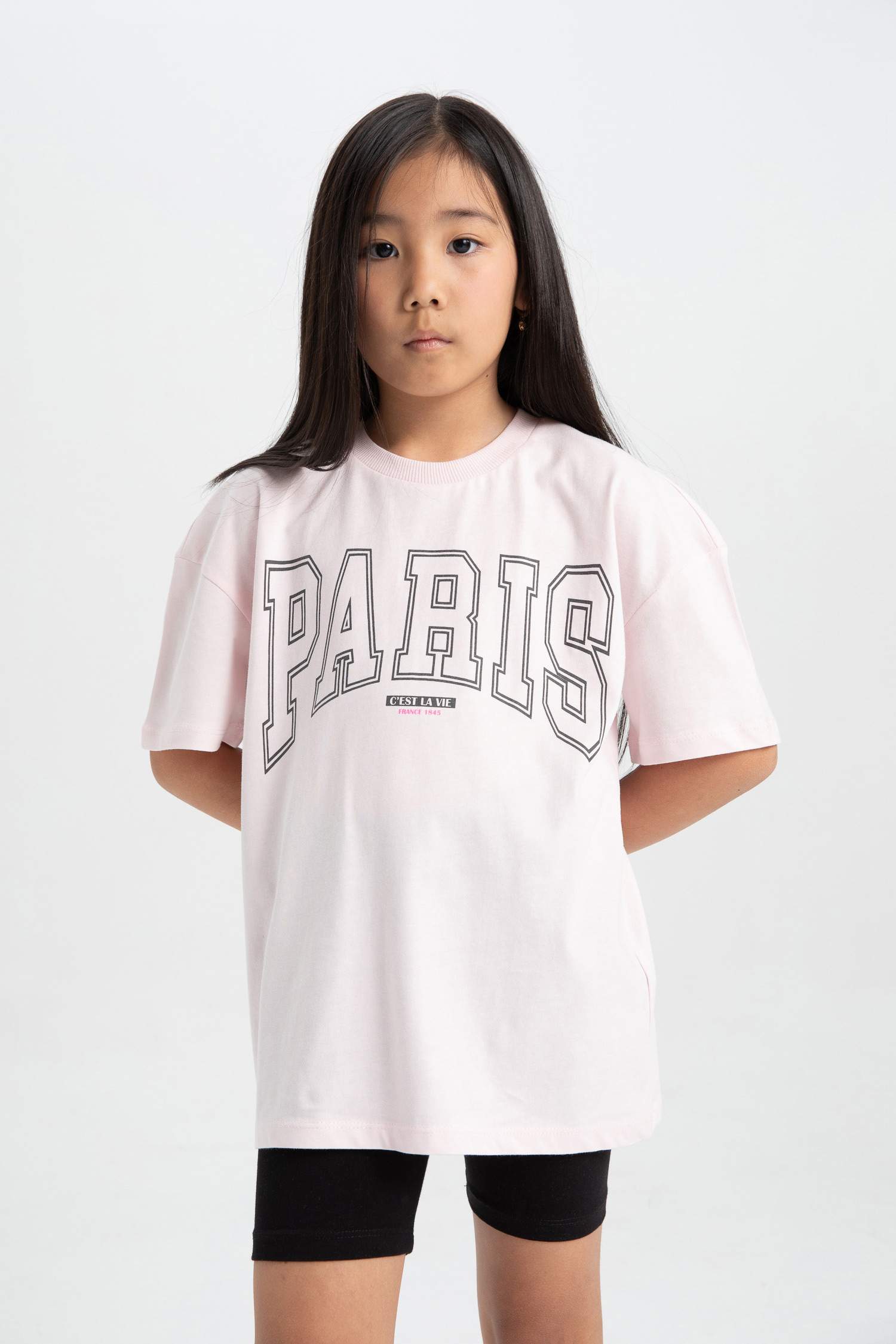 Kız Çocuk 2'li Takım Bisiklet Yaka Baskılı Kısa Kollu Tişört Tayt 