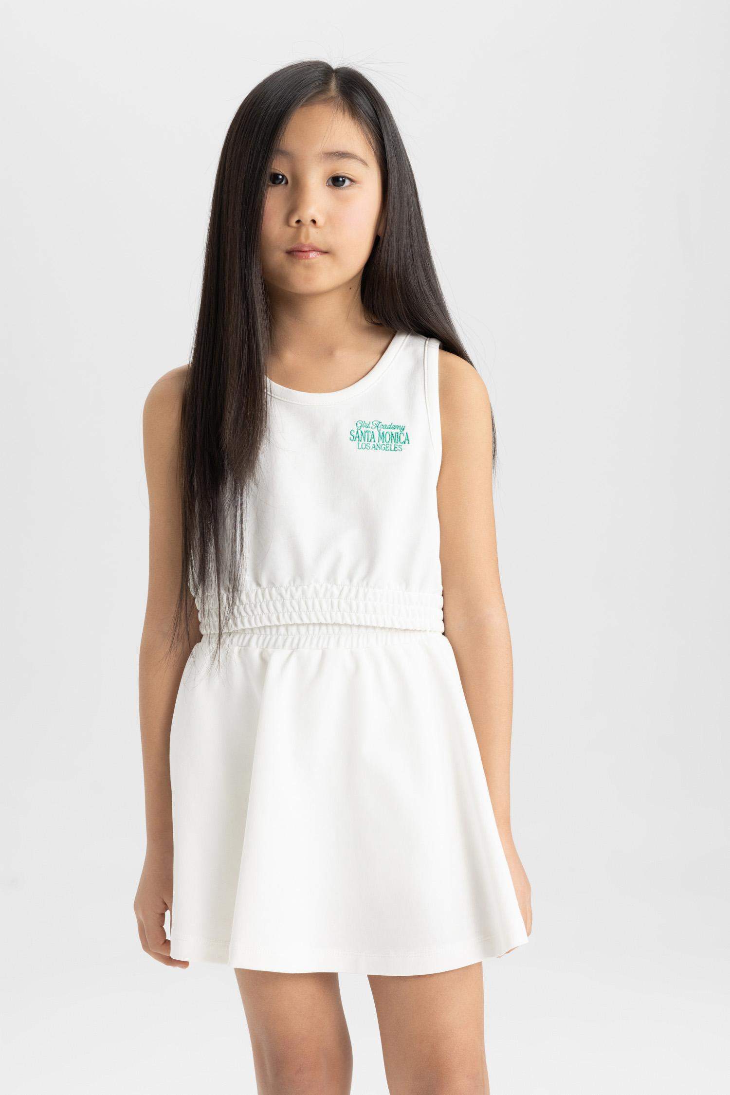 Kız Çocuk 2'li Takım Bisiklet Yaka Baskılı Kolsuz Tişört Etek