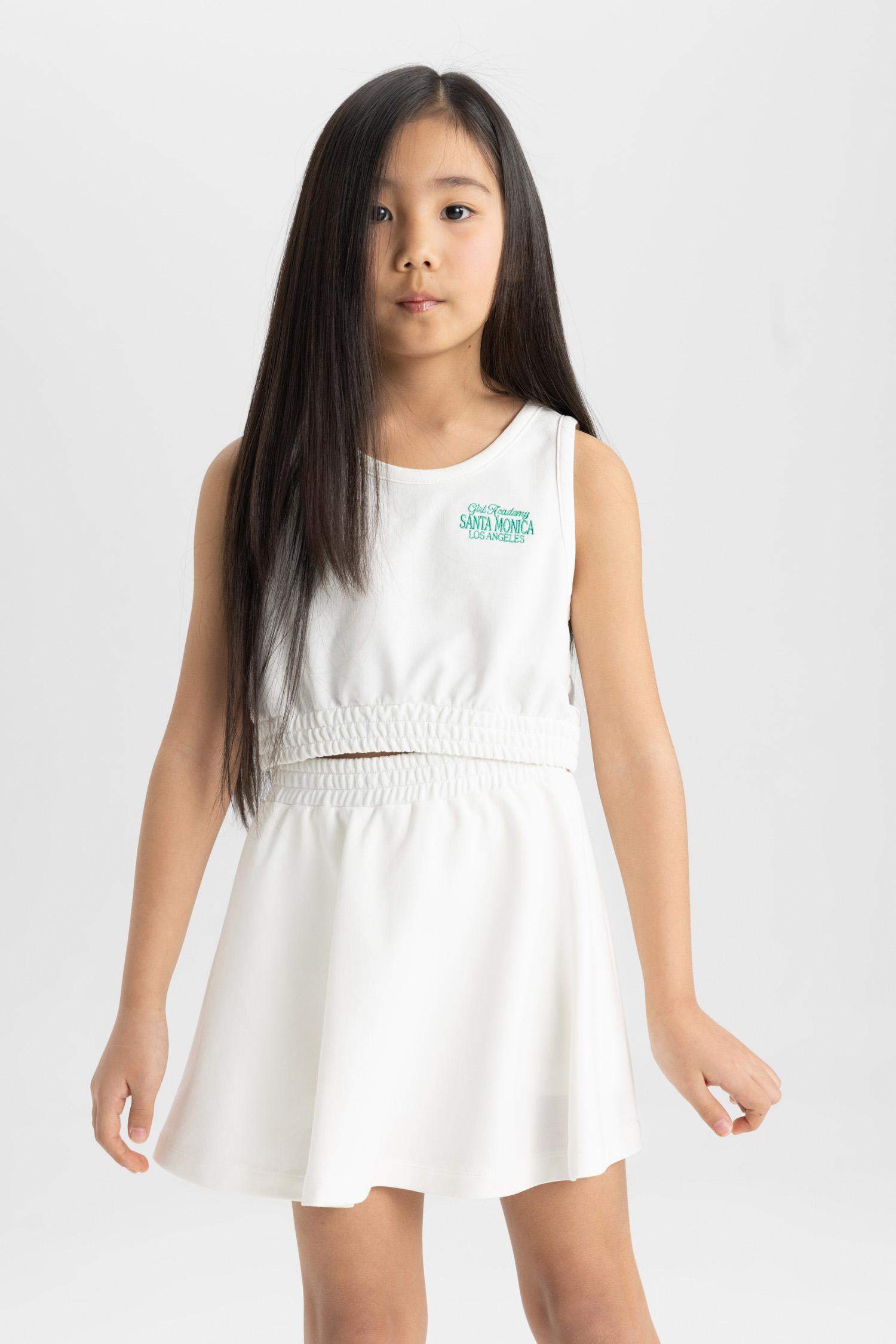 Kız Çocuk 2'li Takım Bisiklet Yaka Baskılı Kolsuz Tişört Etek