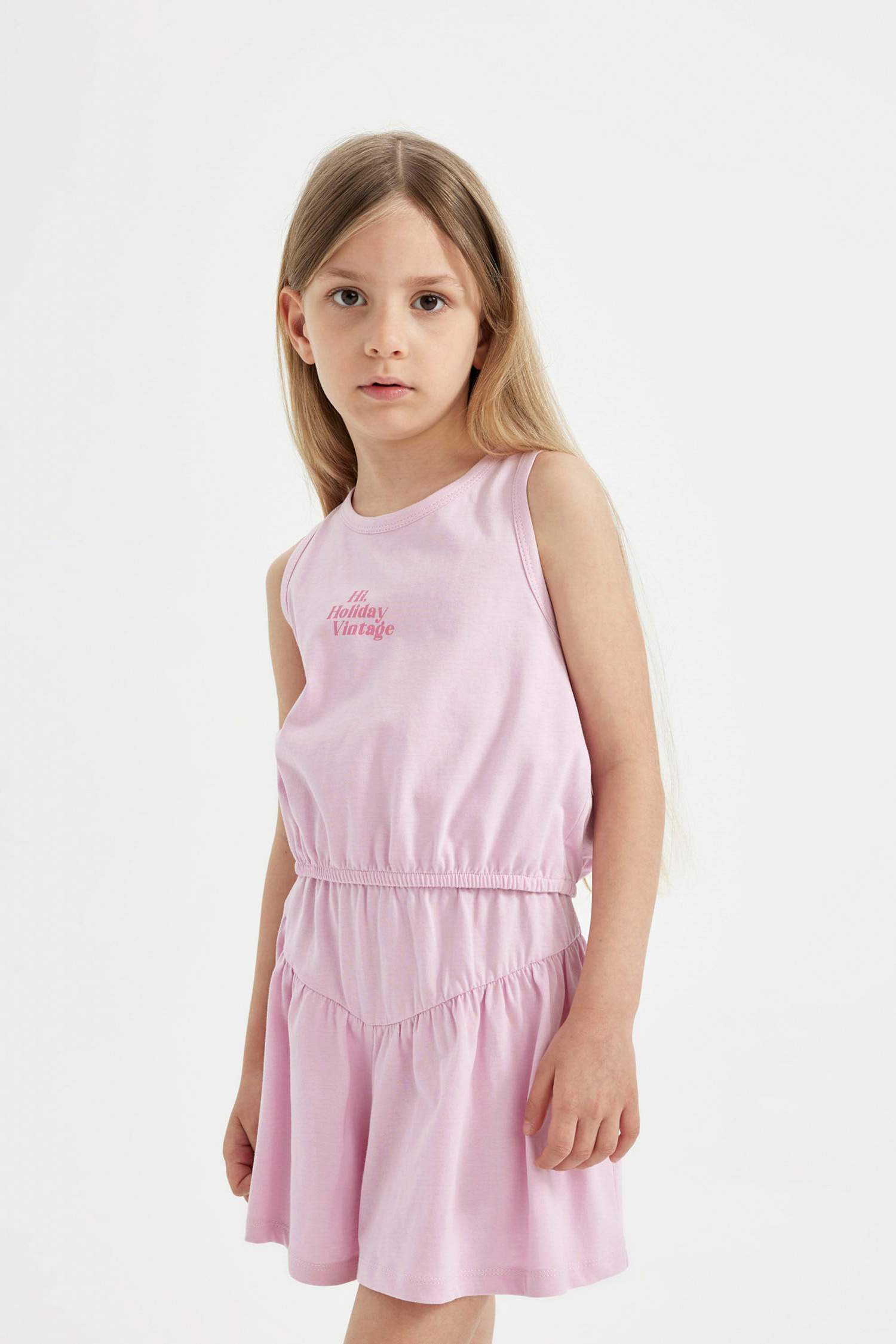 Kız Çocuk 2'li Takım Bisiklet Yaka Baskılı Atlet Şort