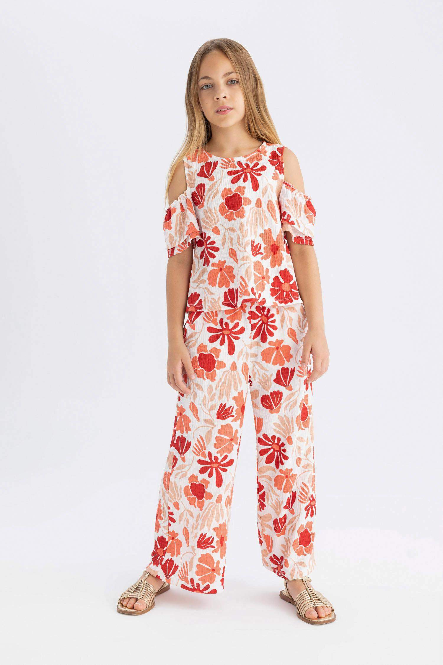 Girl Wide Leg Floral Wrinkled Trousers