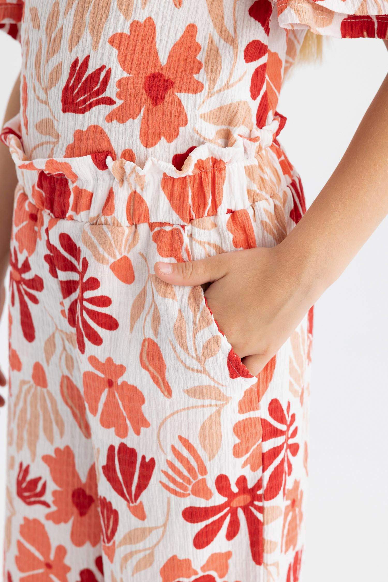 Girl Wide Leg Floral Wrinkled Trousers