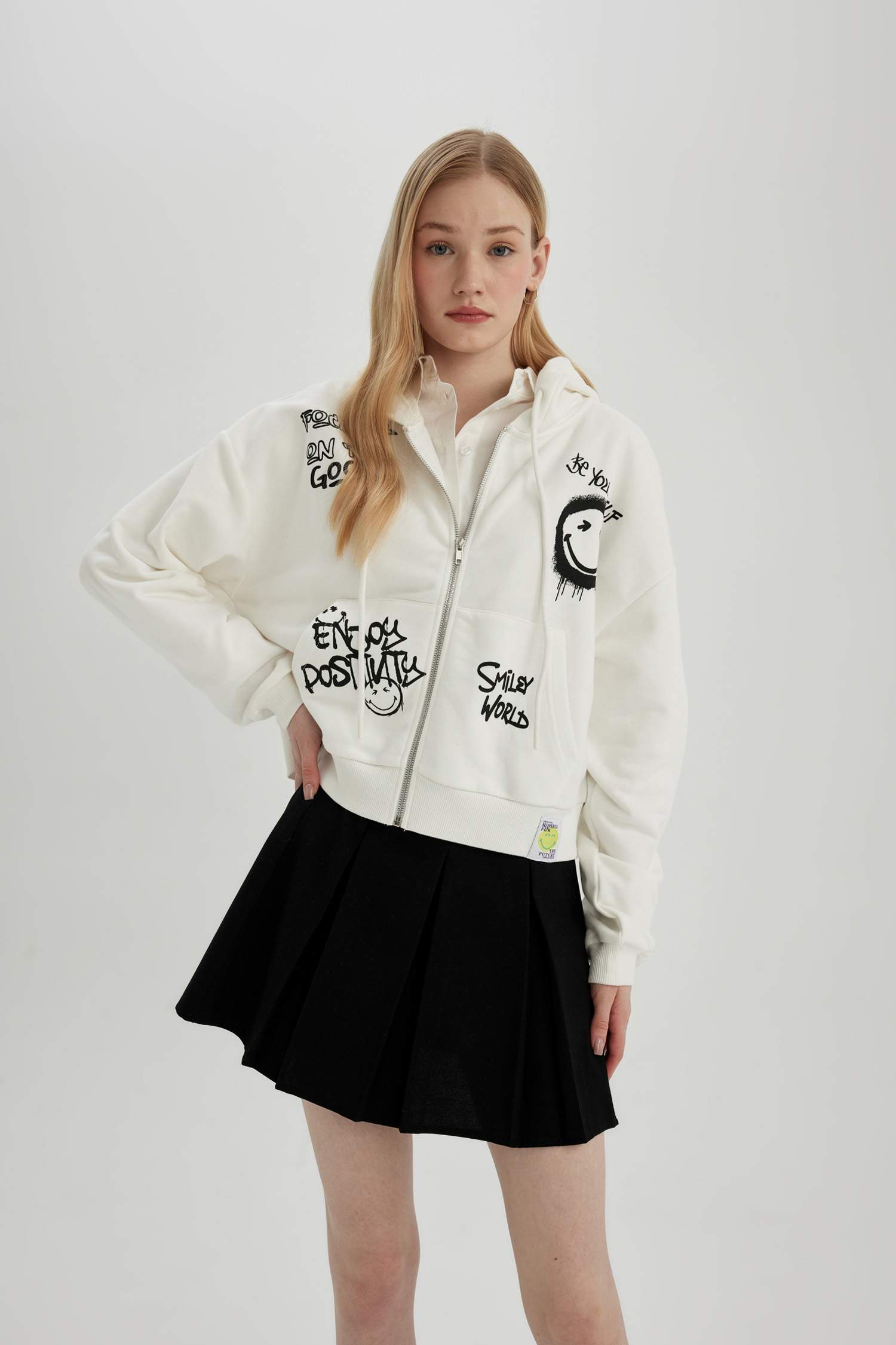 Coool SmileyWorld Oversize Geniş Kalıp Kapüşonlu Fermuarlı Sweatshirt