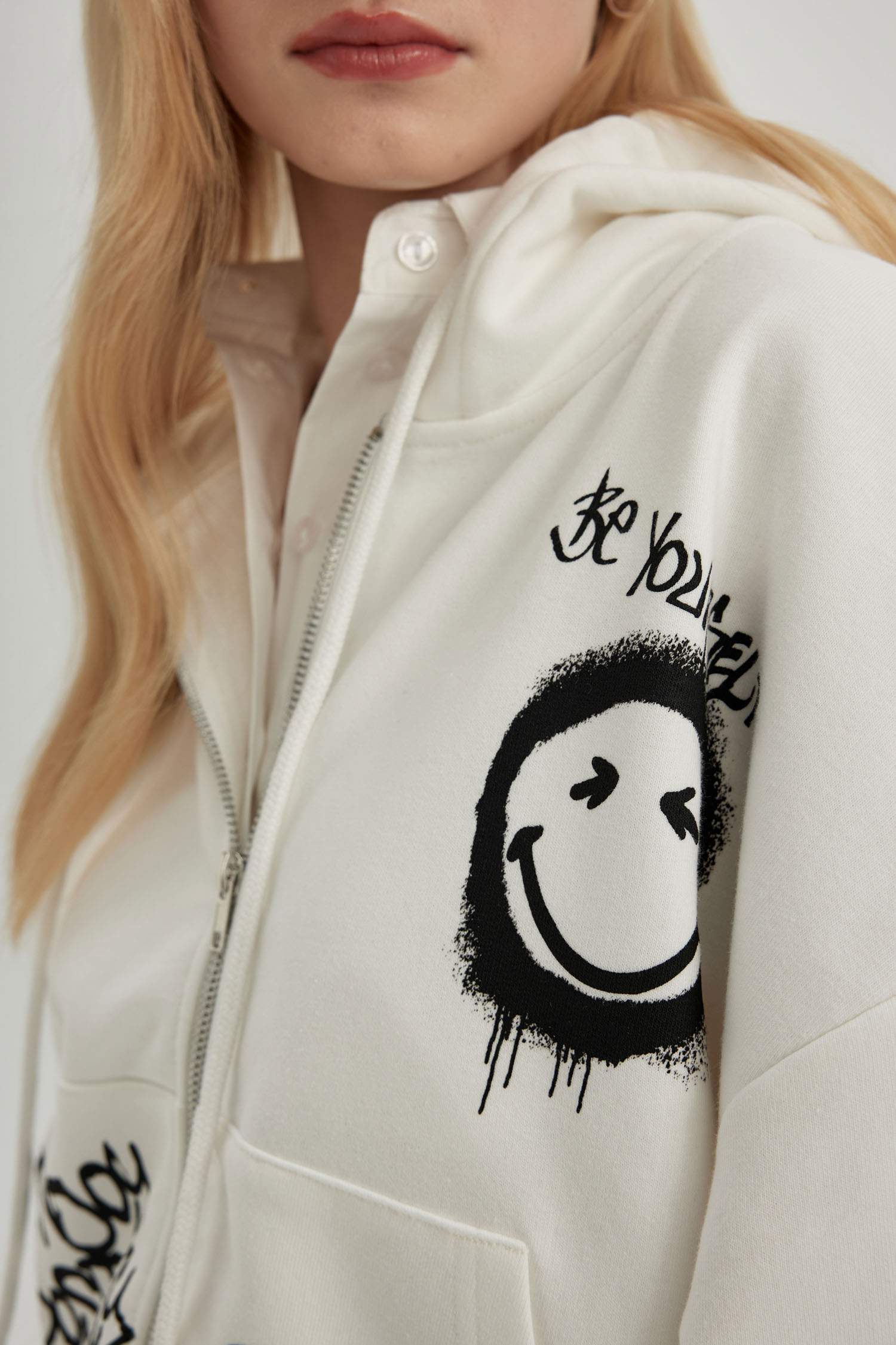 Coool SmileyWorld Oversize Geniş Kalıp Kapüşonlu Fermuarlı Sweatshirt