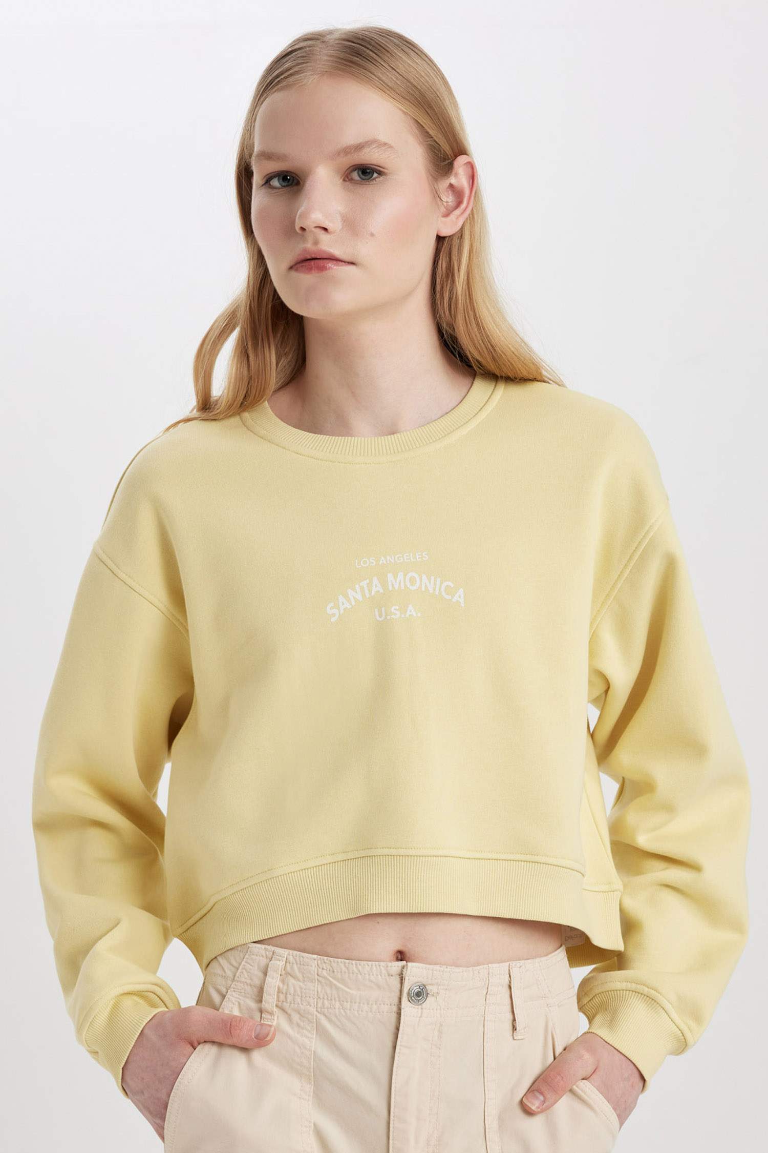 Boxy Fit Bisiklet Yaka Baskılı Kalın Sweatshirt