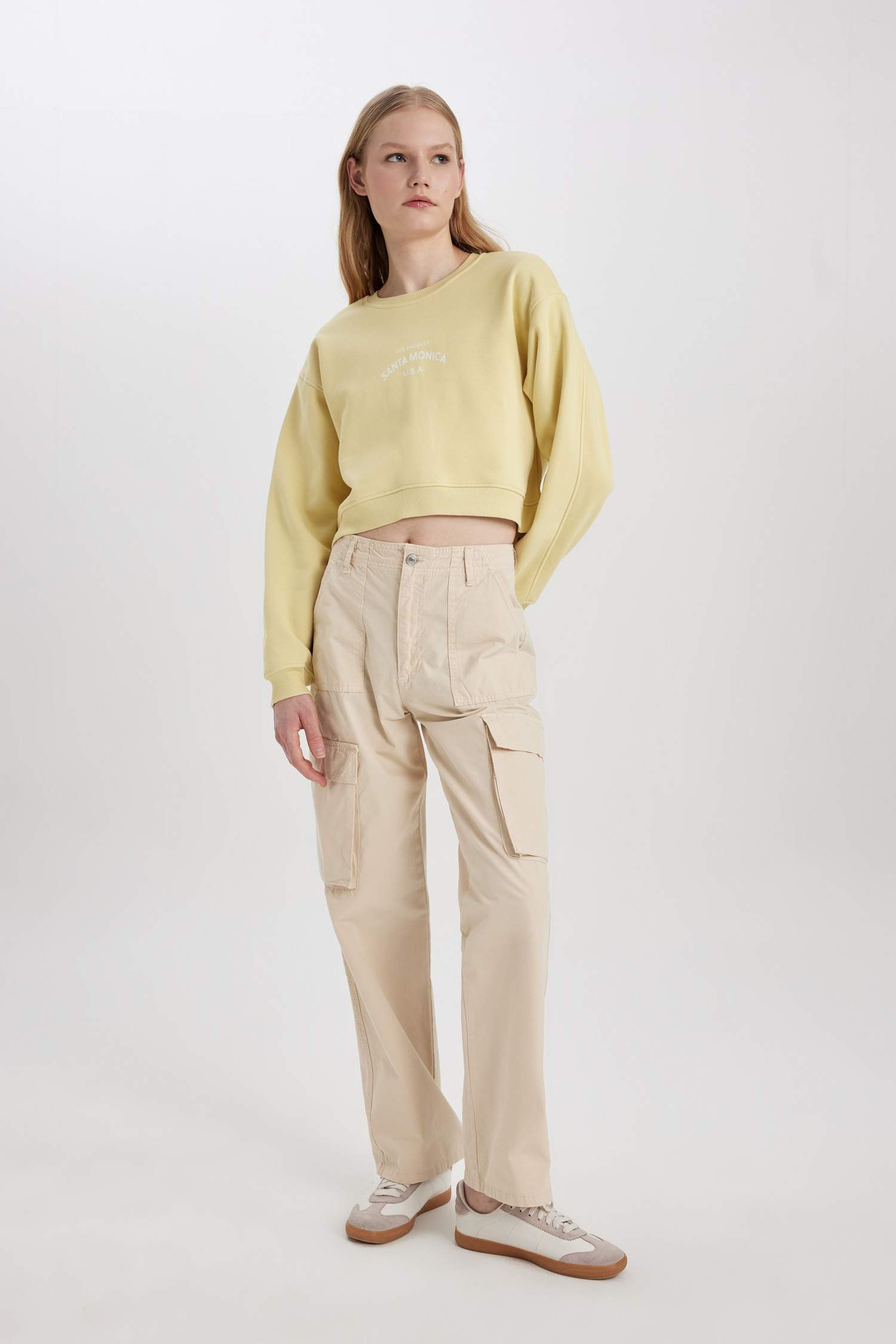 Boxy Fit Bisiklet Yaka Baskılı Kalın Sweatshirt