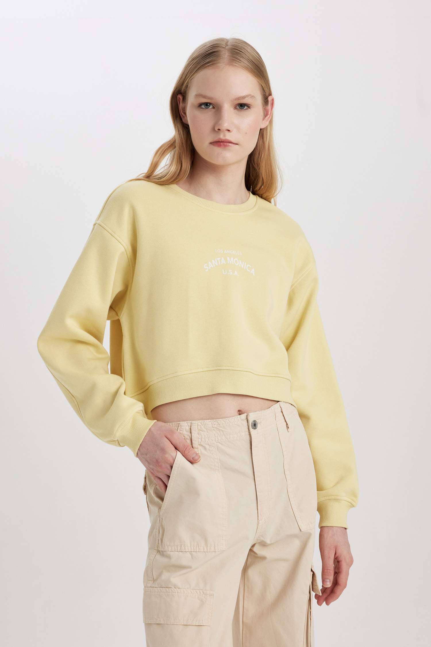 Boxy Fit Bisiklet Yaka Baskılı Kalın Sweatshirt