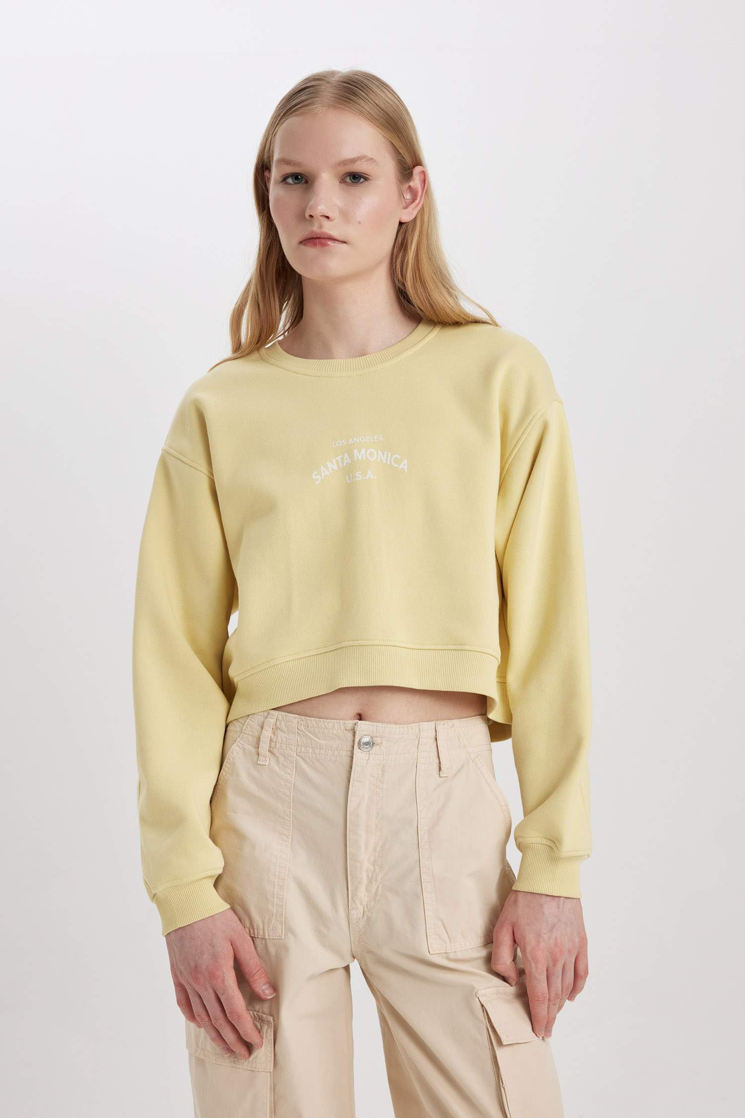 Boxy Fit Bisiklet Yaka Baskılı Kalın Sweatshirt