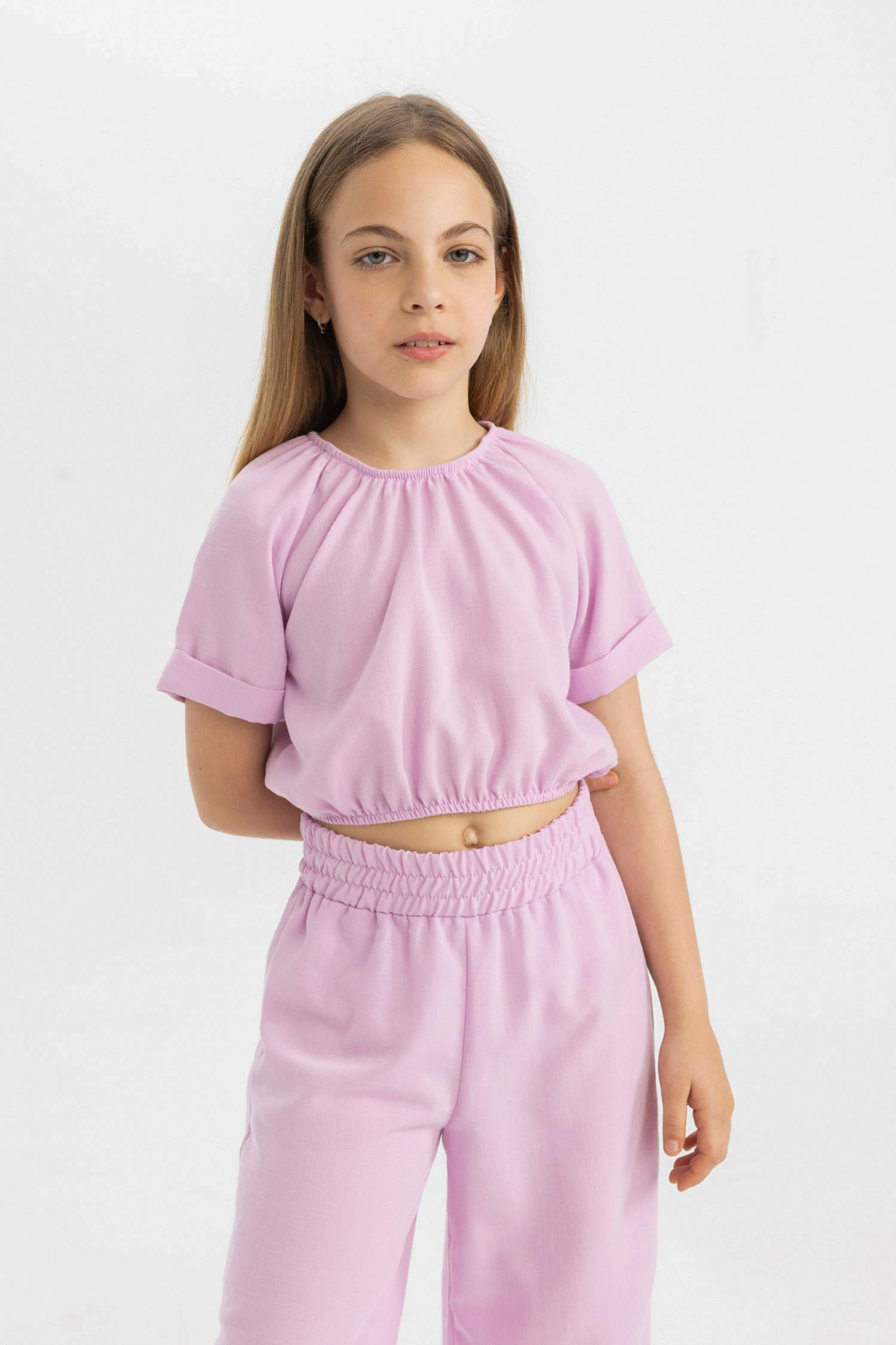 سيت بناتي كتان بلوزة وبنطلون - قطعتين