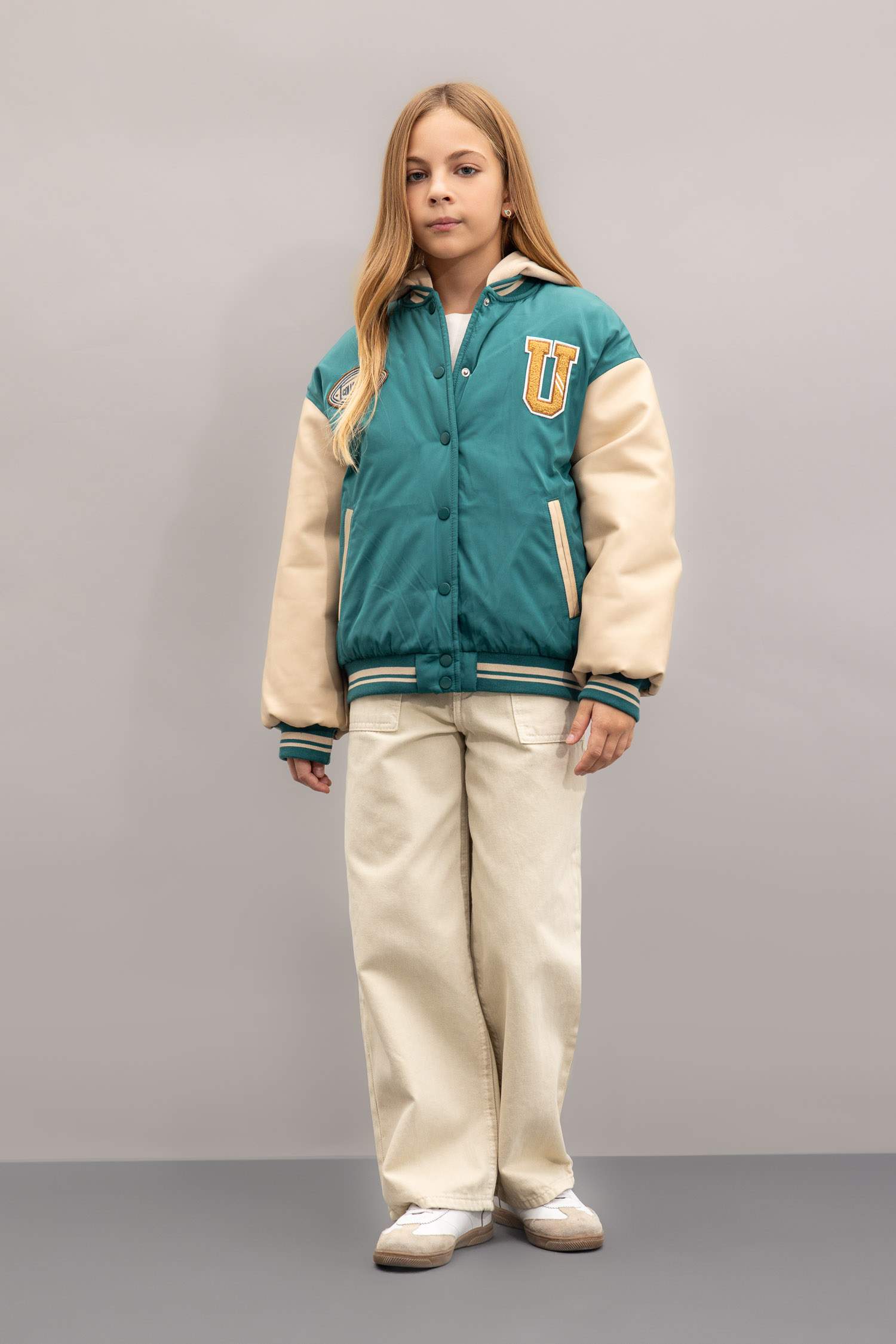 Girl Removable Hooded College Collar Bomber Jacket