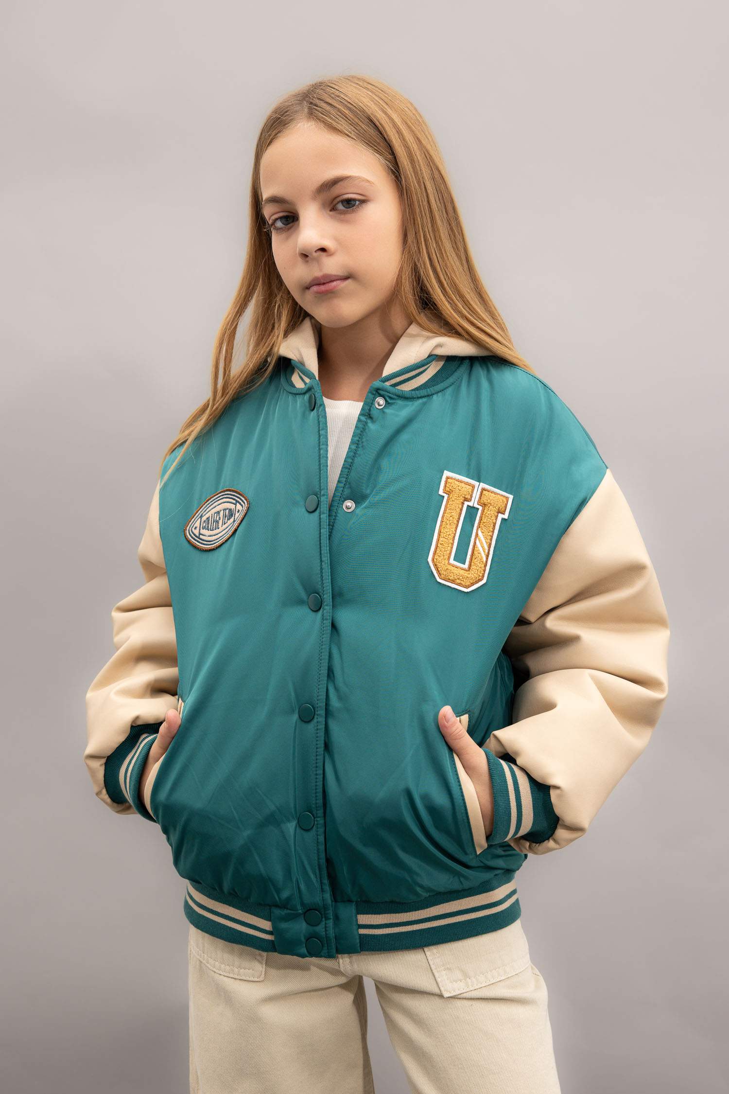 Girl Removable Hooded College Collar Bomber Jacket